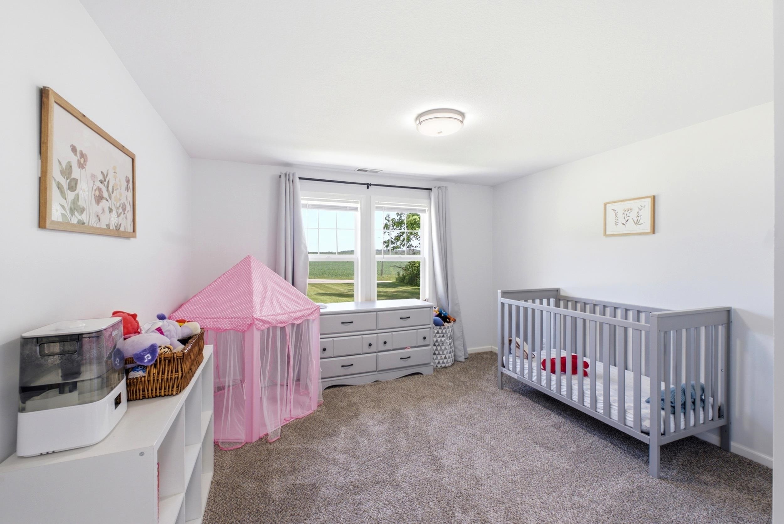 Spacious room featuring neutral carpeting, light-toned walls, and a multi-pane window with a field backdrop