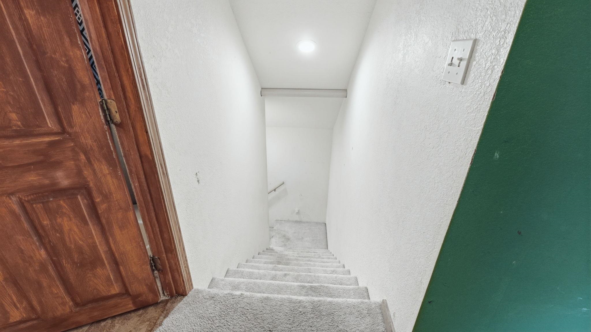 Carpeted staircase with white textured walls and a wood-panel door