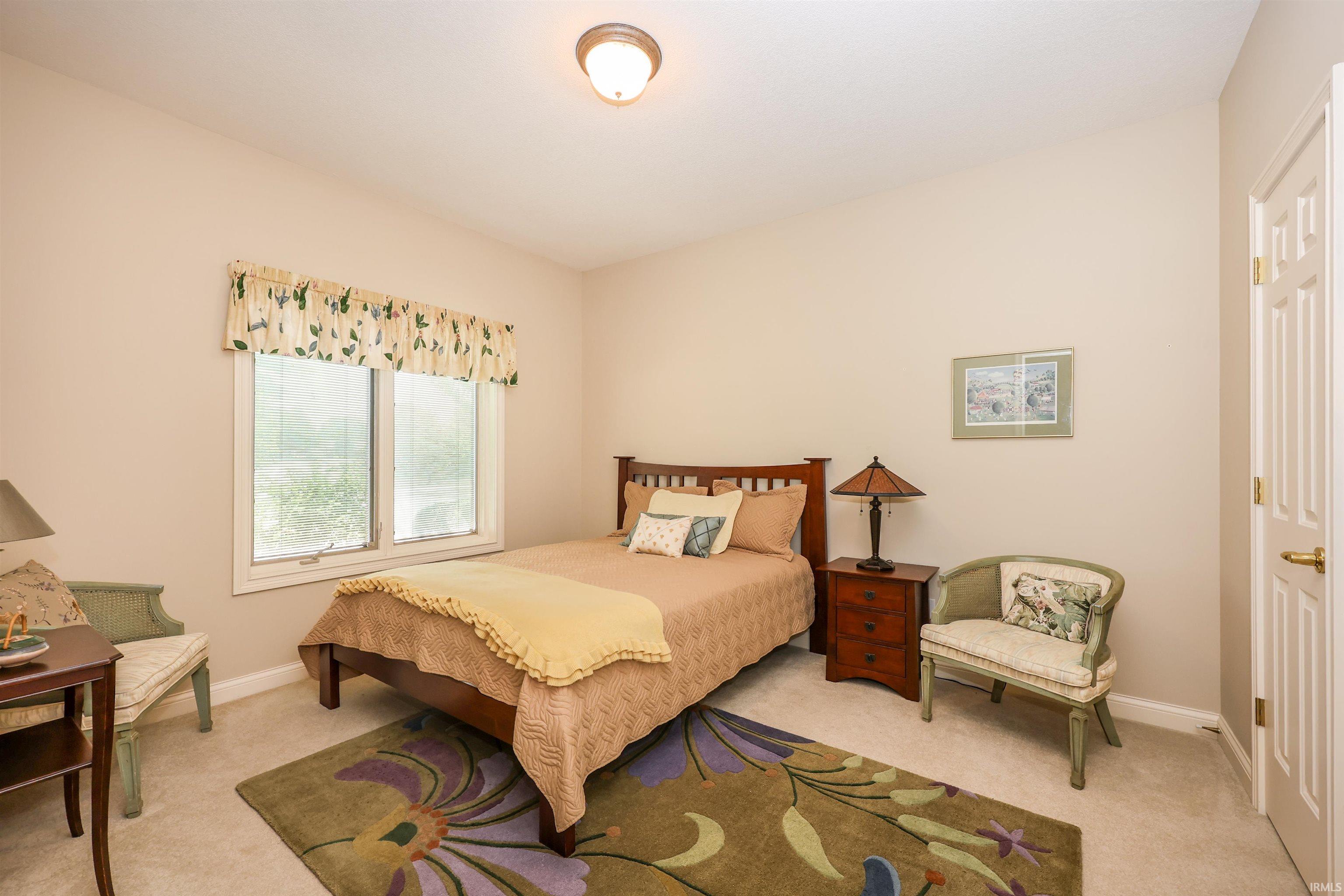 Carpeted room featuring a double window with valance, light-toned walls, and a white paneled door with brass hardware