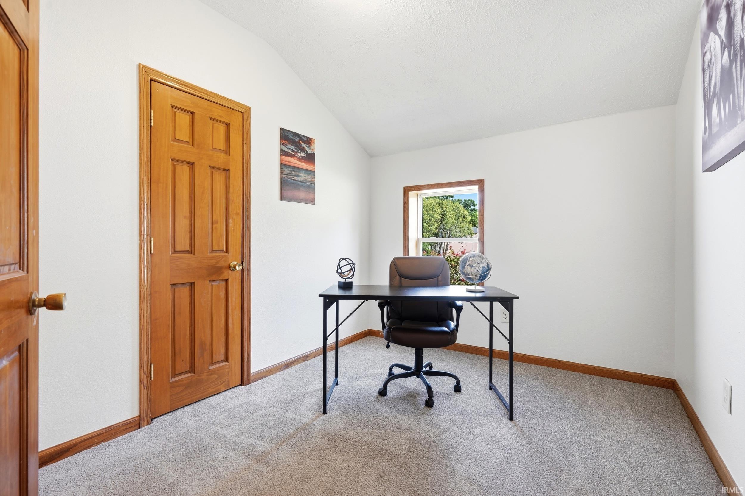 Carpeted room with a vaulted ceiling, a single window, and a paneled wooden door