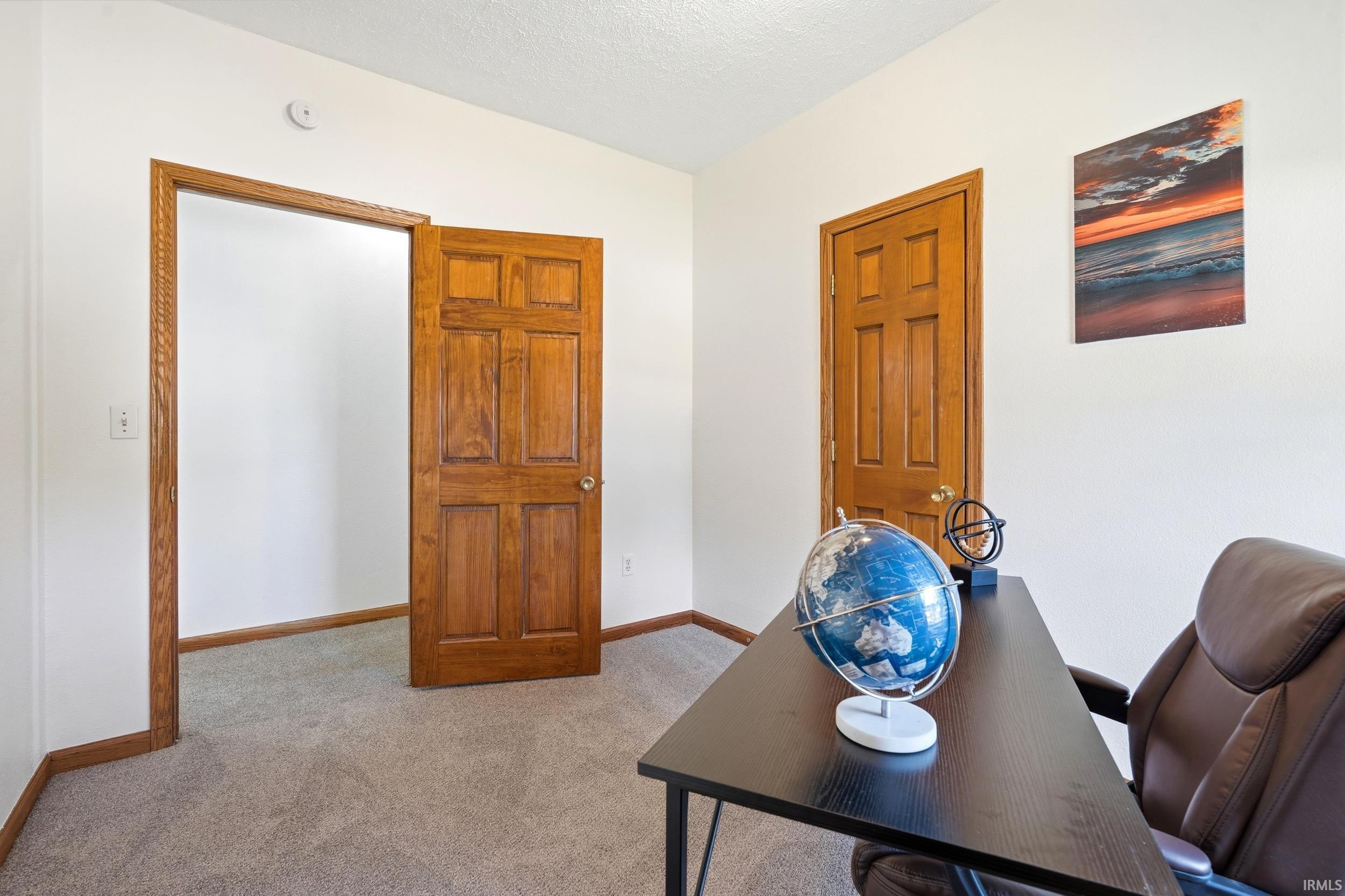 Interior room featuring neutral wall paint, light-toned carpeting, and wood-finish trim