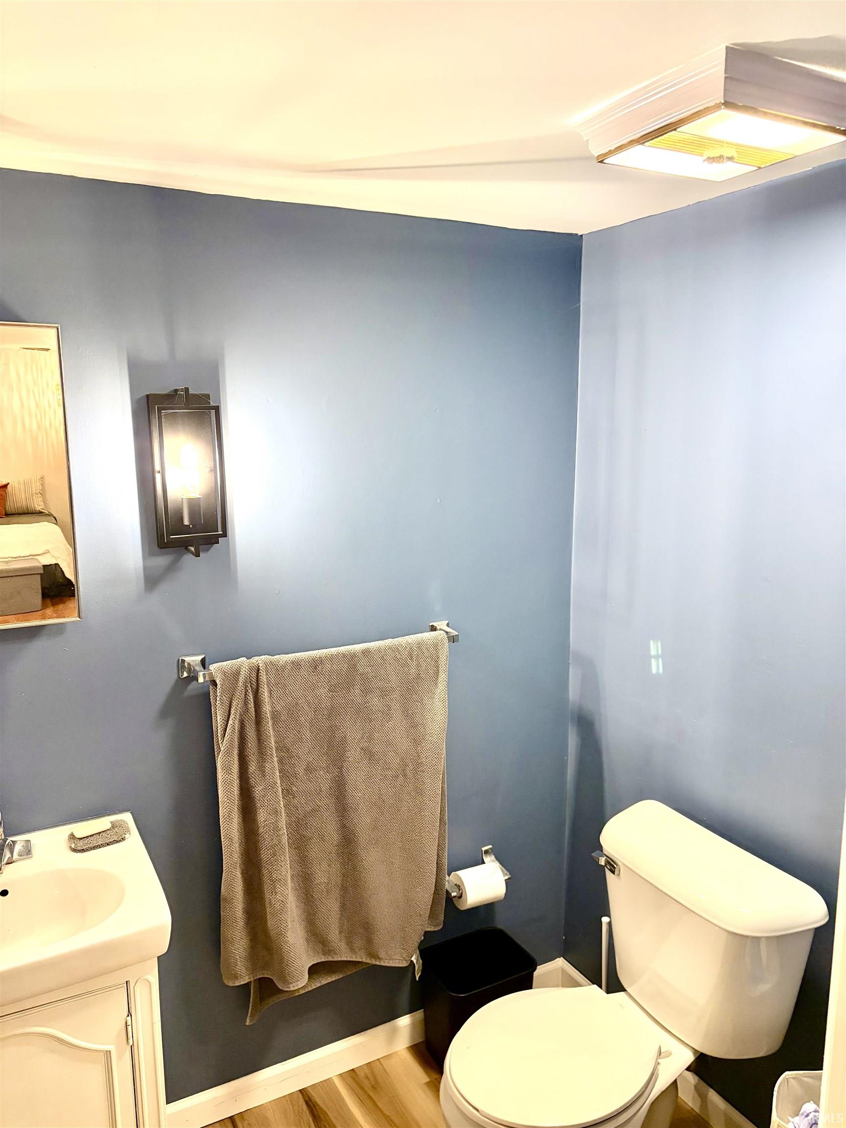 Bathroom featuring a porcelain toilet, wood-finish flooring, and a wall-mounted vanity with a porcelain sink