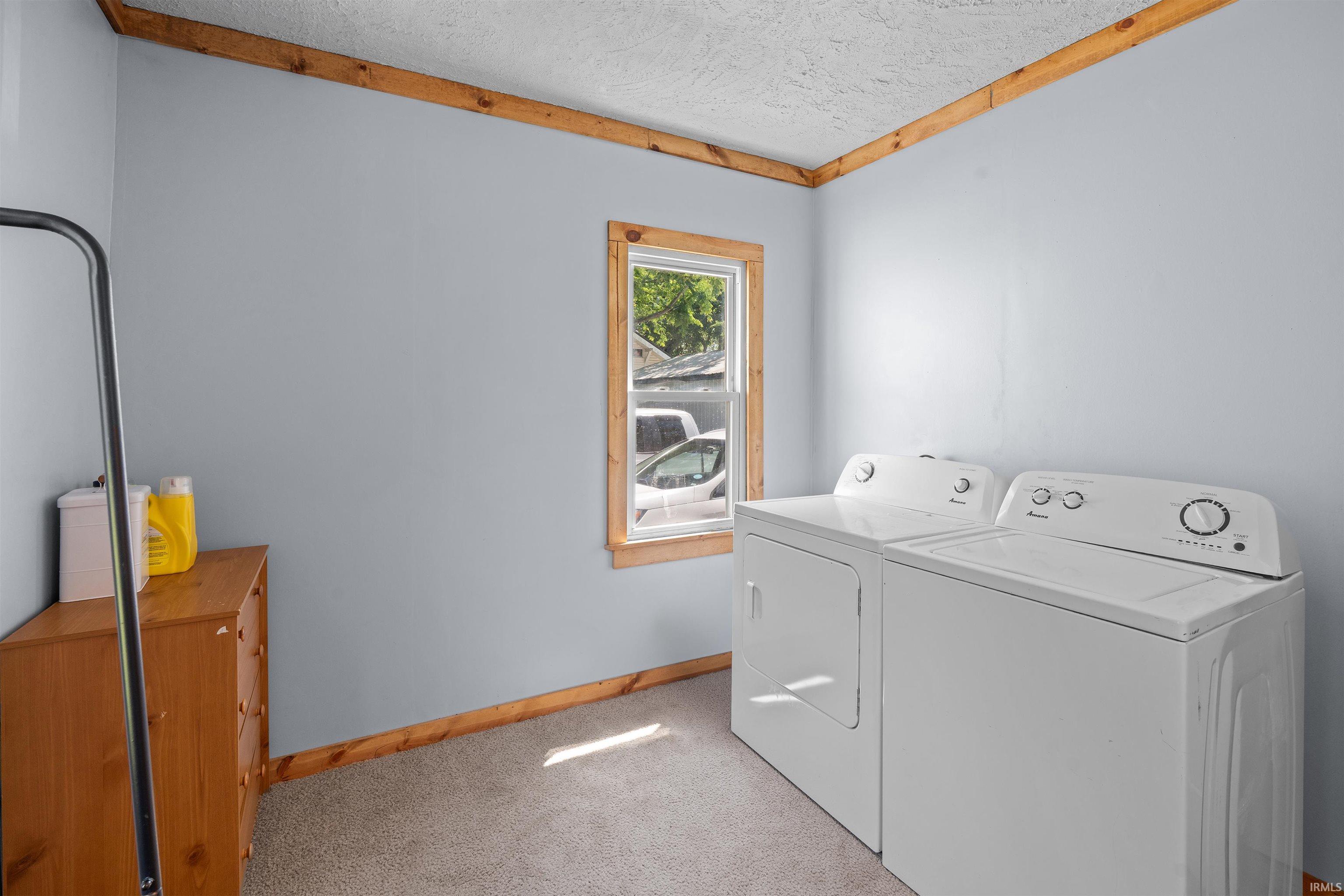 Dedicated laundry area featuring a window, light gray walls, wood-finish trim, and carpeted flooring