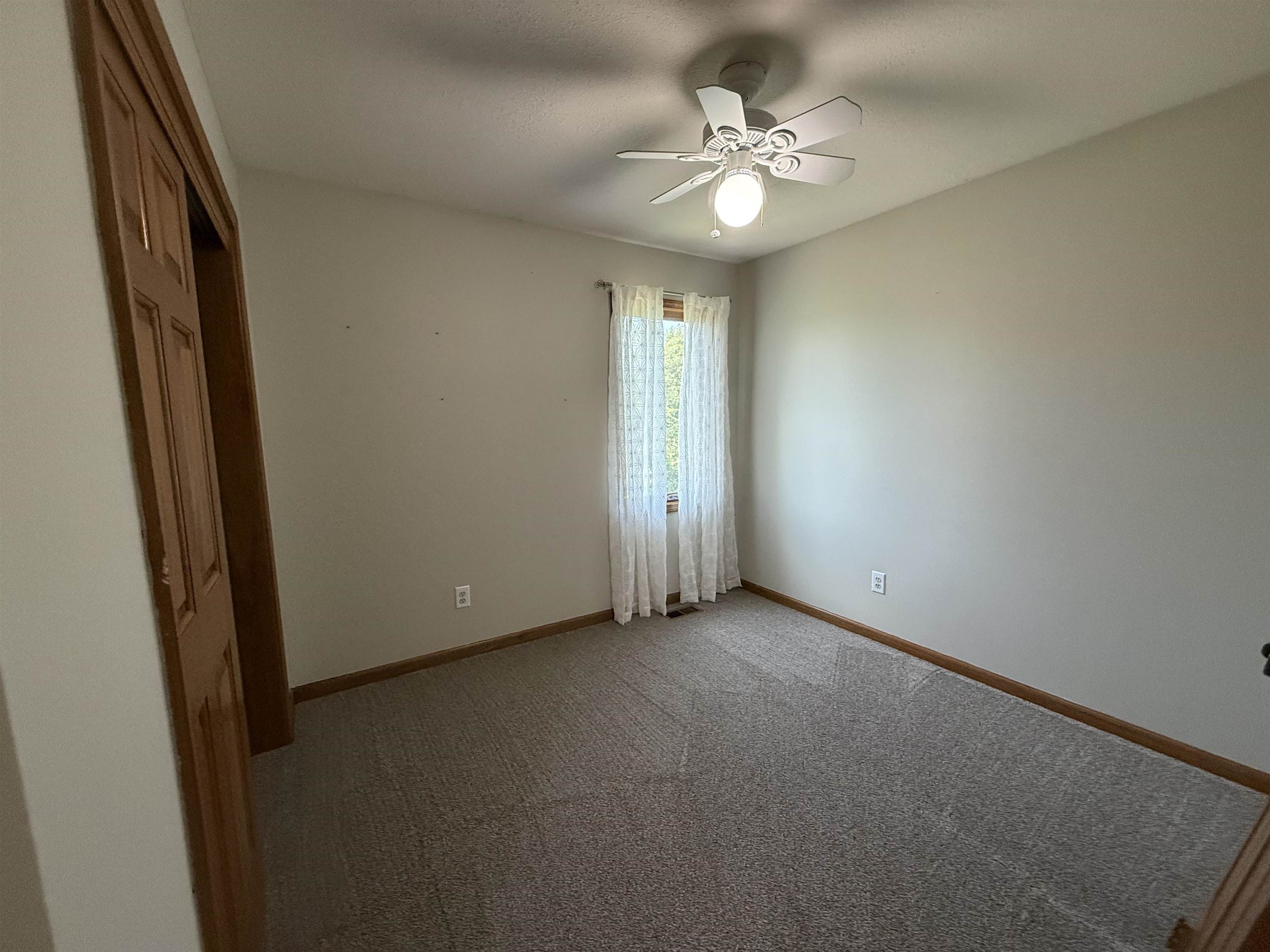 Carpeted room featuring a single window with curtain, light-toned walls, and a ceiling fan with integrated lighting