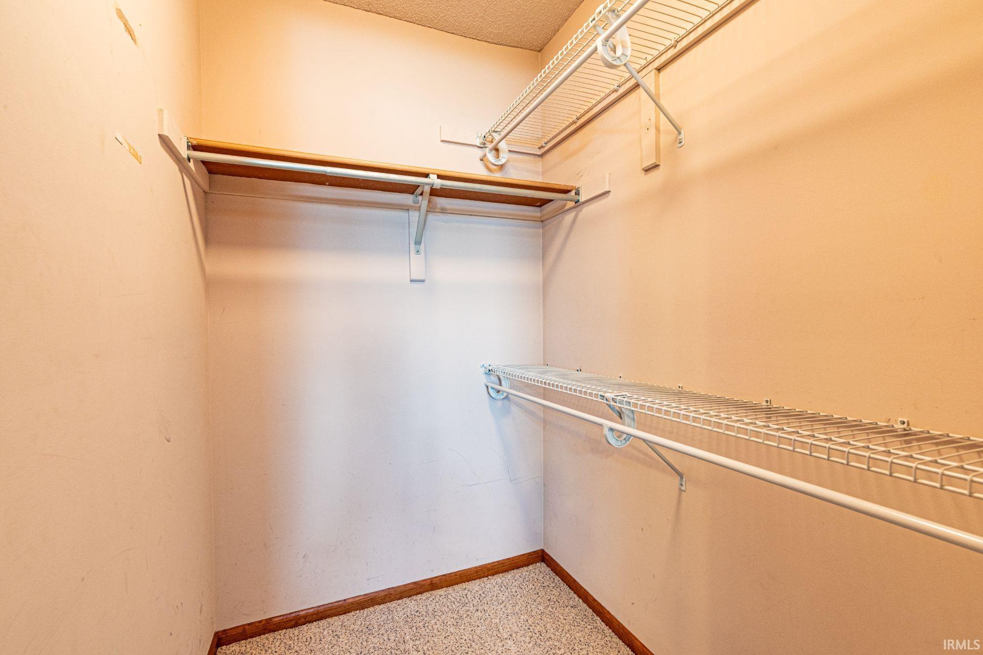 Walk-in closet featuring wire shelving, a wood-finish rod, and carpet flooring