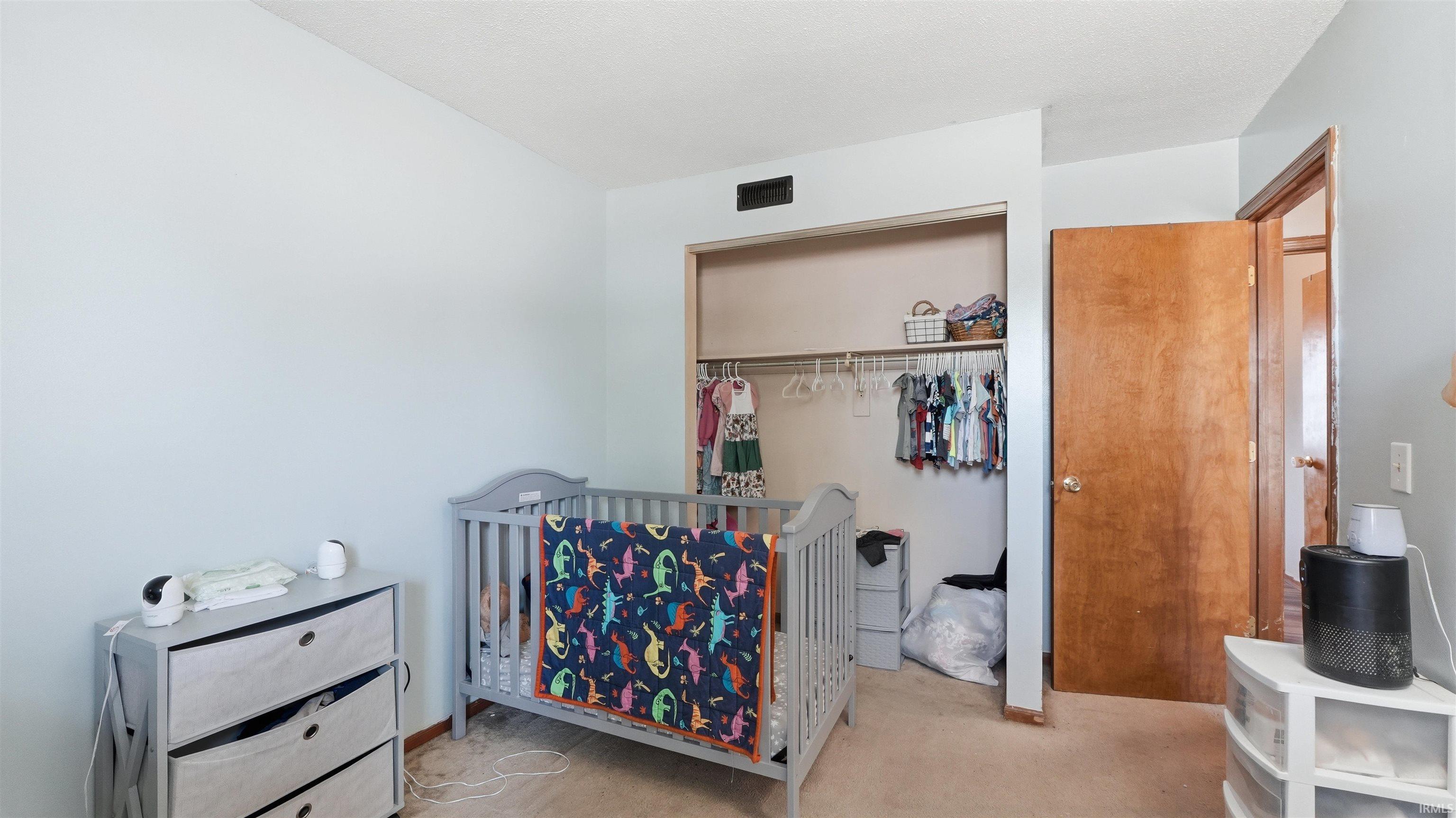 Carpeted room featuring light blue walls, a wooden door, and a built-in closet with shelving and a hanging rod
