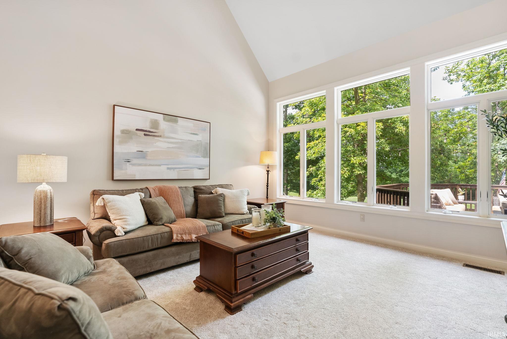 Living area featuring a vaulted ceiling and wall-to-wall carpeting