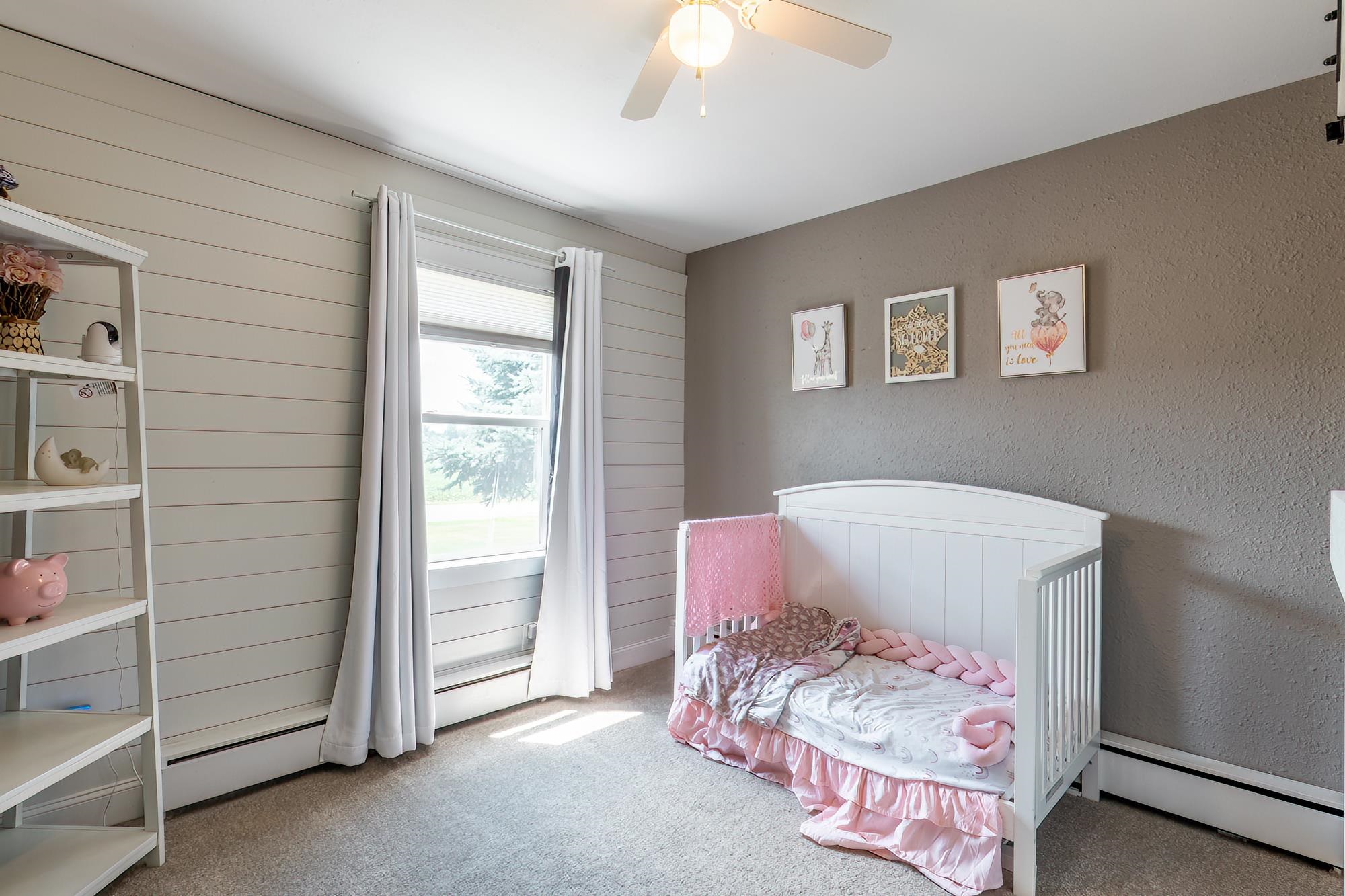 Carpeted room featuring a ceiling fan, a window with curtains, and shiplap paneling on one wall