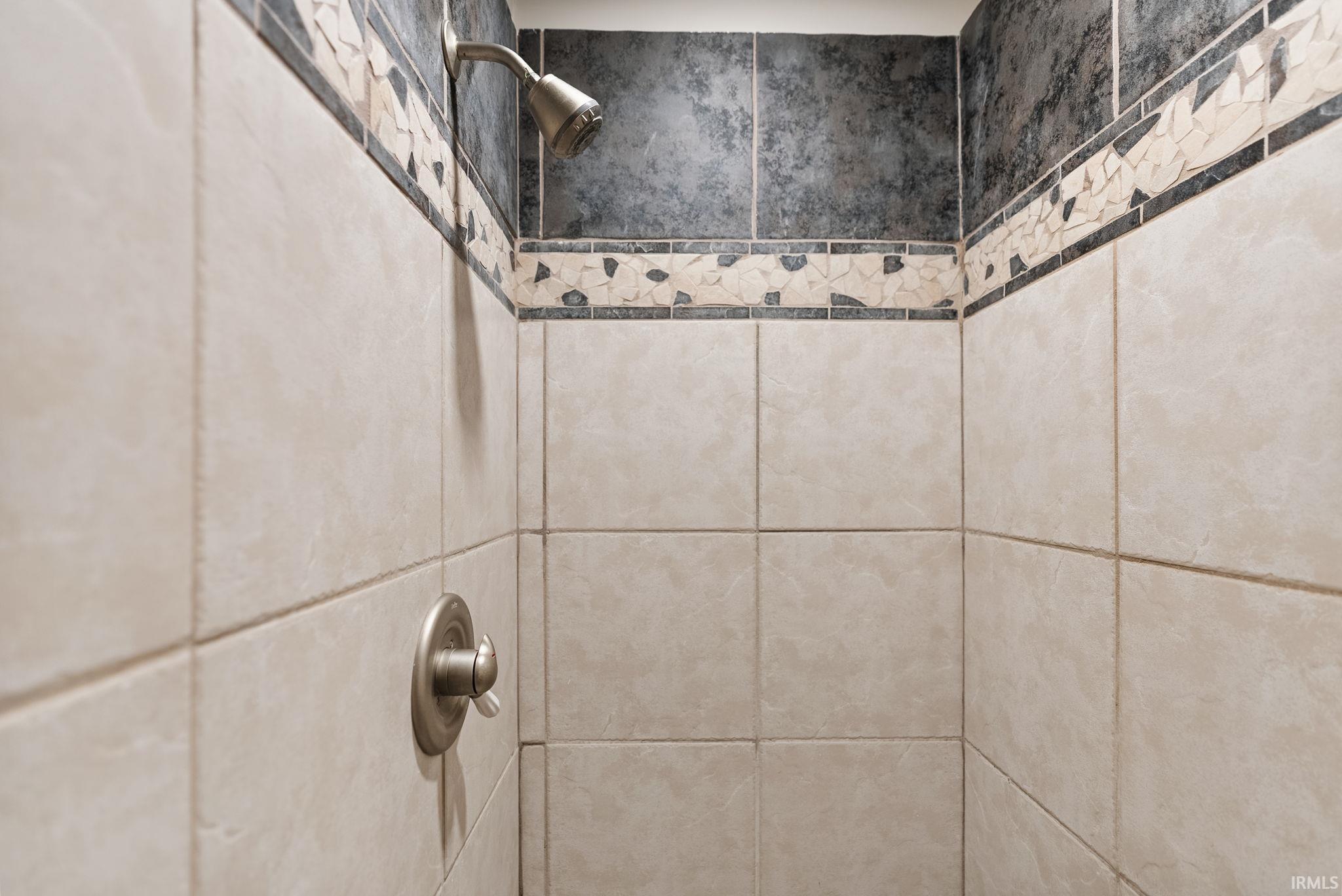 Shower enclosure featuring light-toned tile walls with a decorative mosaic border and dark contrasting accent tiles