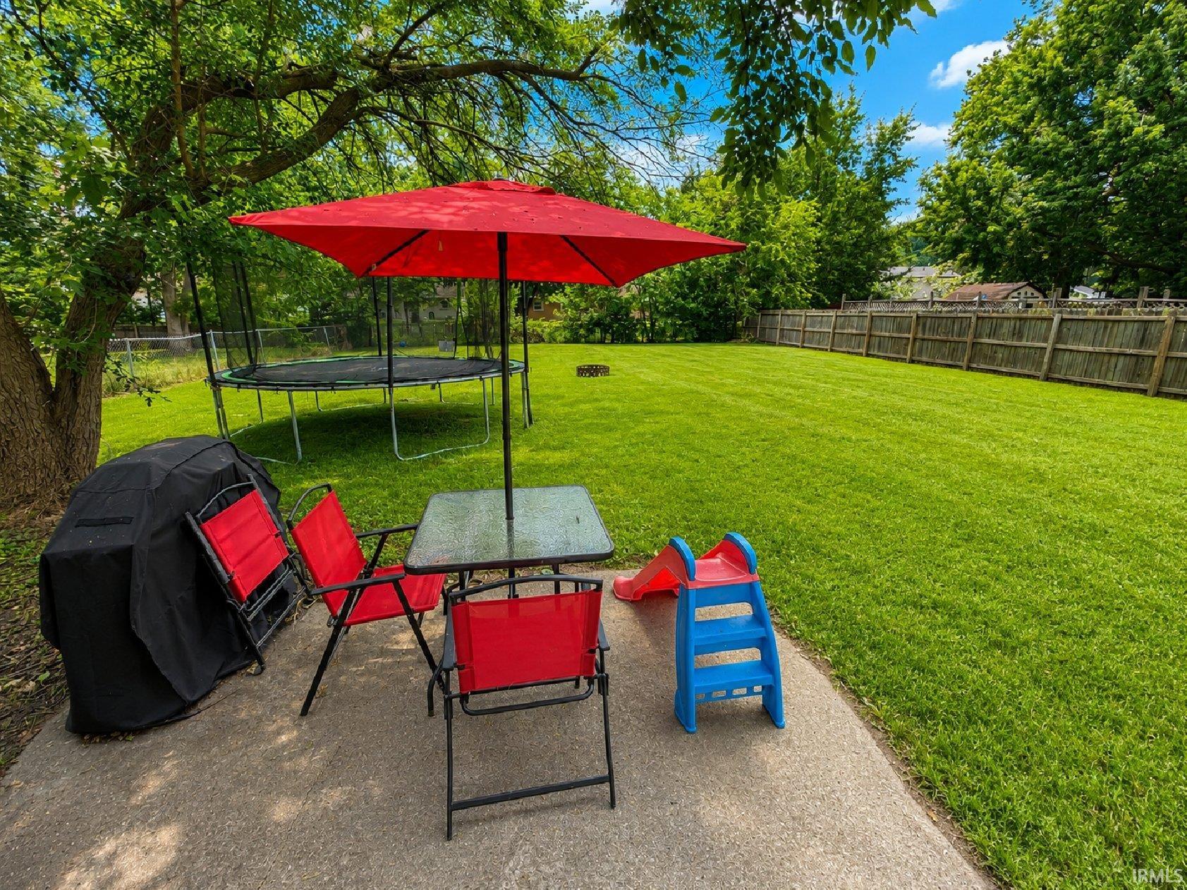 Expansive private backyard featuring a concrete patio, mature perimeter trees, and a wooden privacy fence