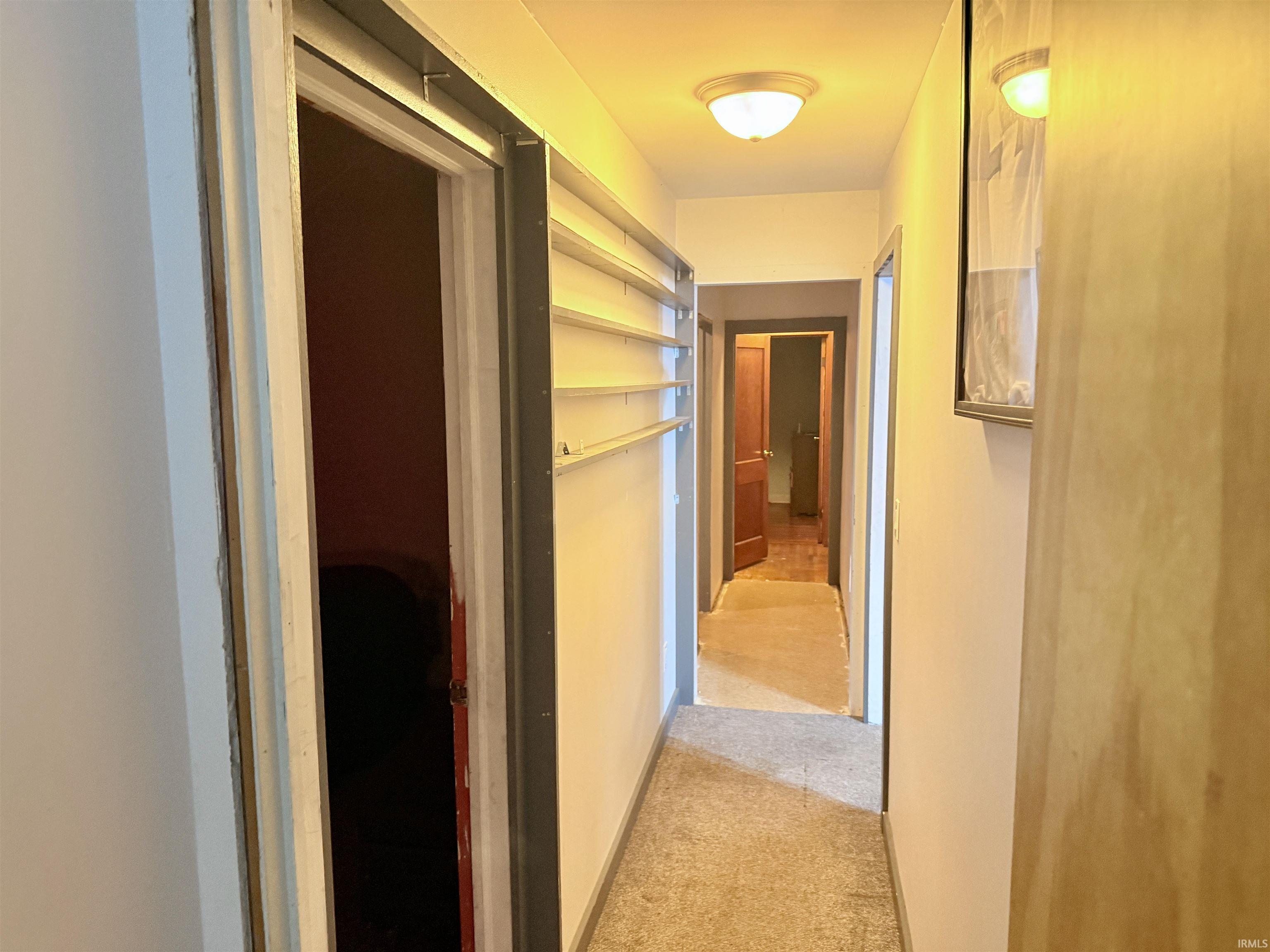 Carpeted hallway with flush-mount ceiling lighting
