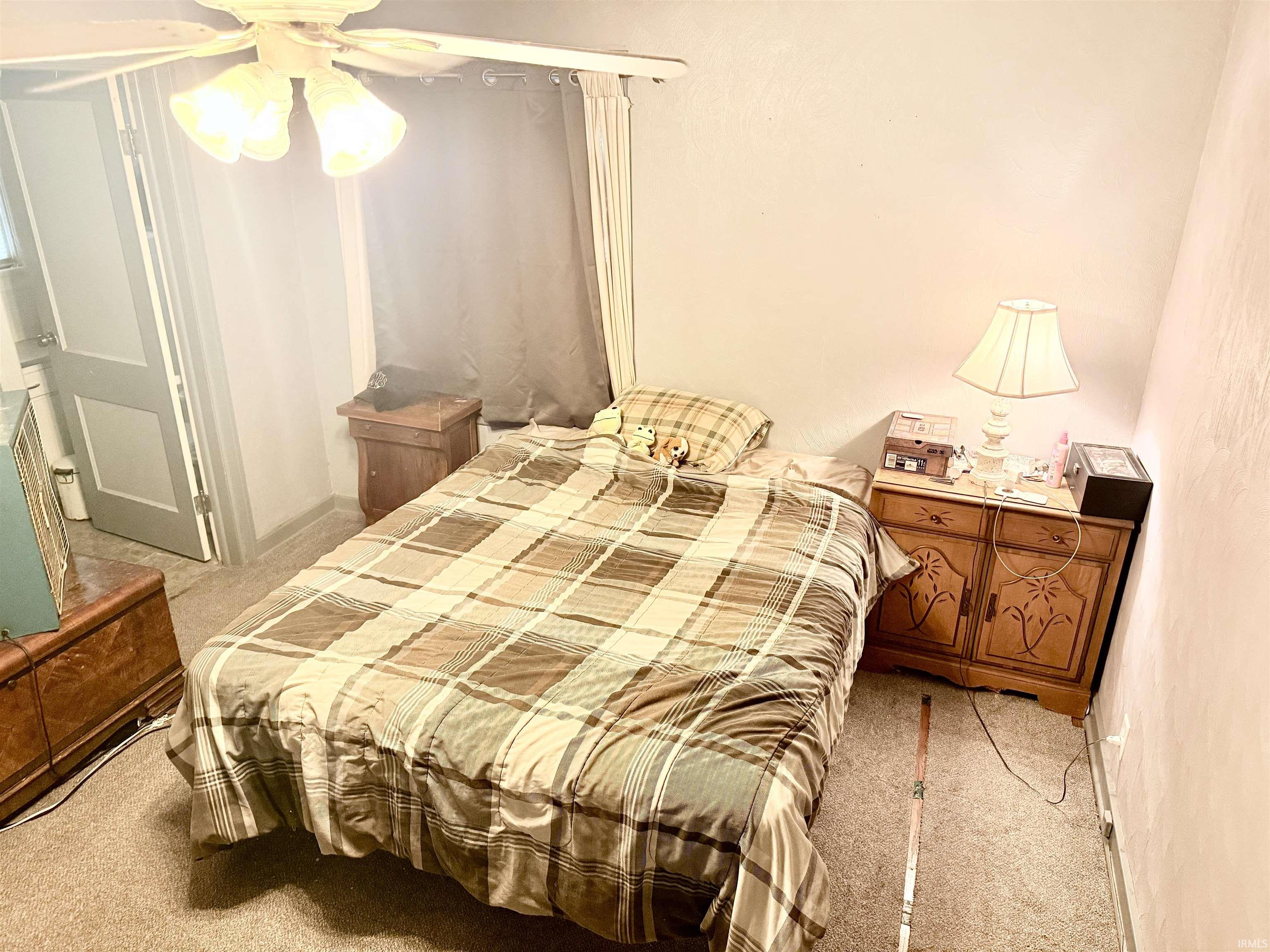 Carpeted room featuring a ceiling fan with light fixture and a painted interior door