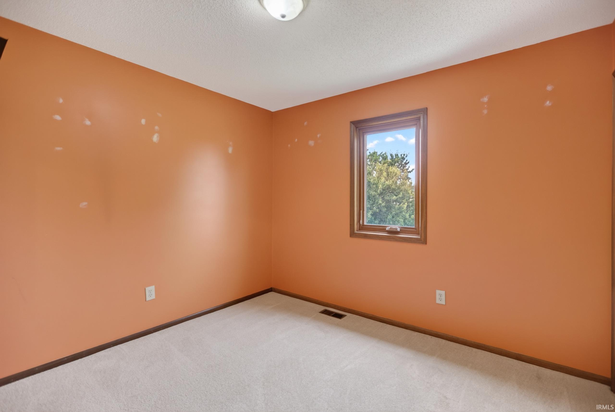 Light-colored carpeting complementing a neutral ceiling, with baseboard trim and a window featuring wood-finish casing