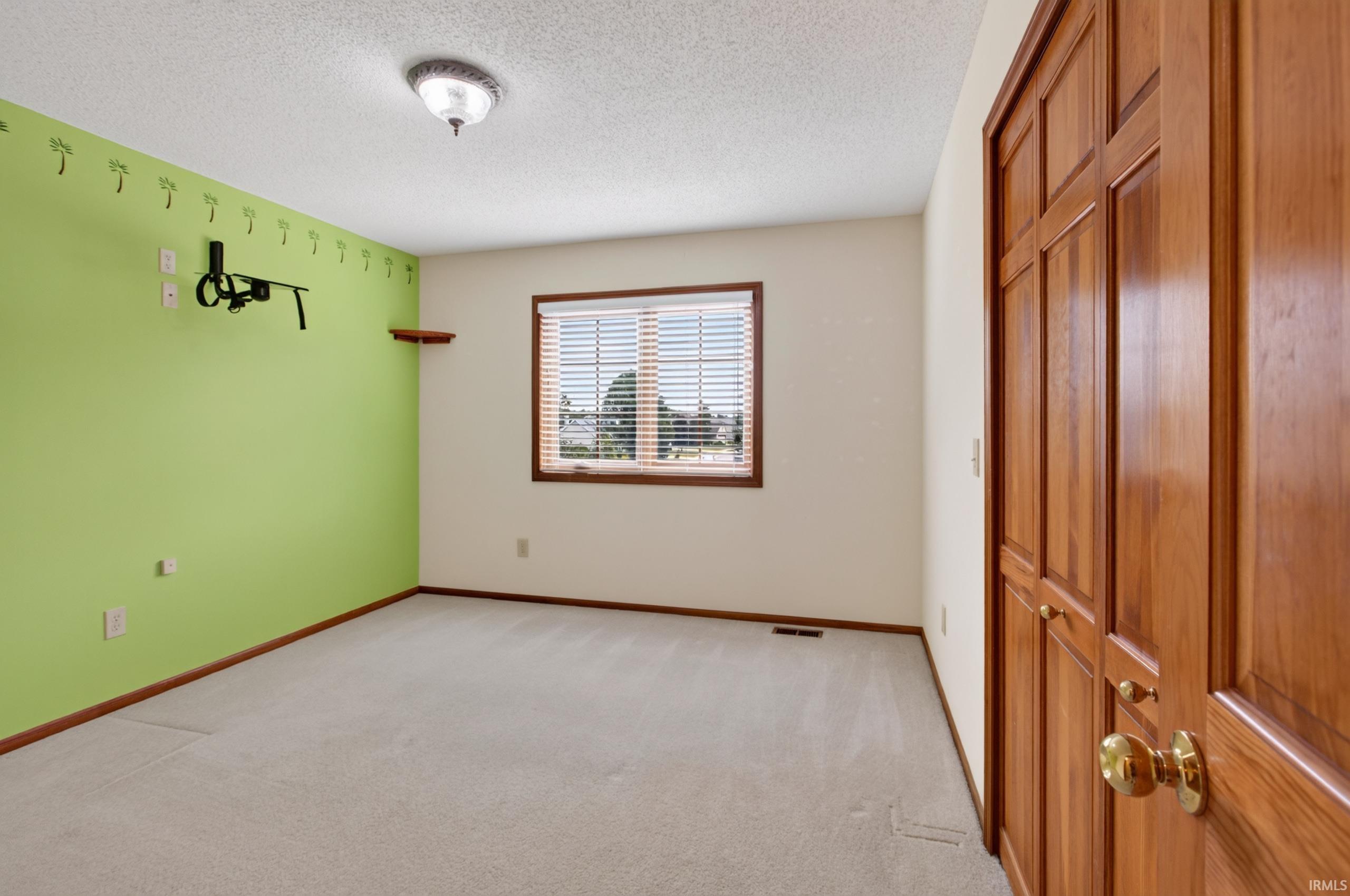 Carpeted room featuring a window with blinds, wood trim, and a ceiling-mounted light fixture