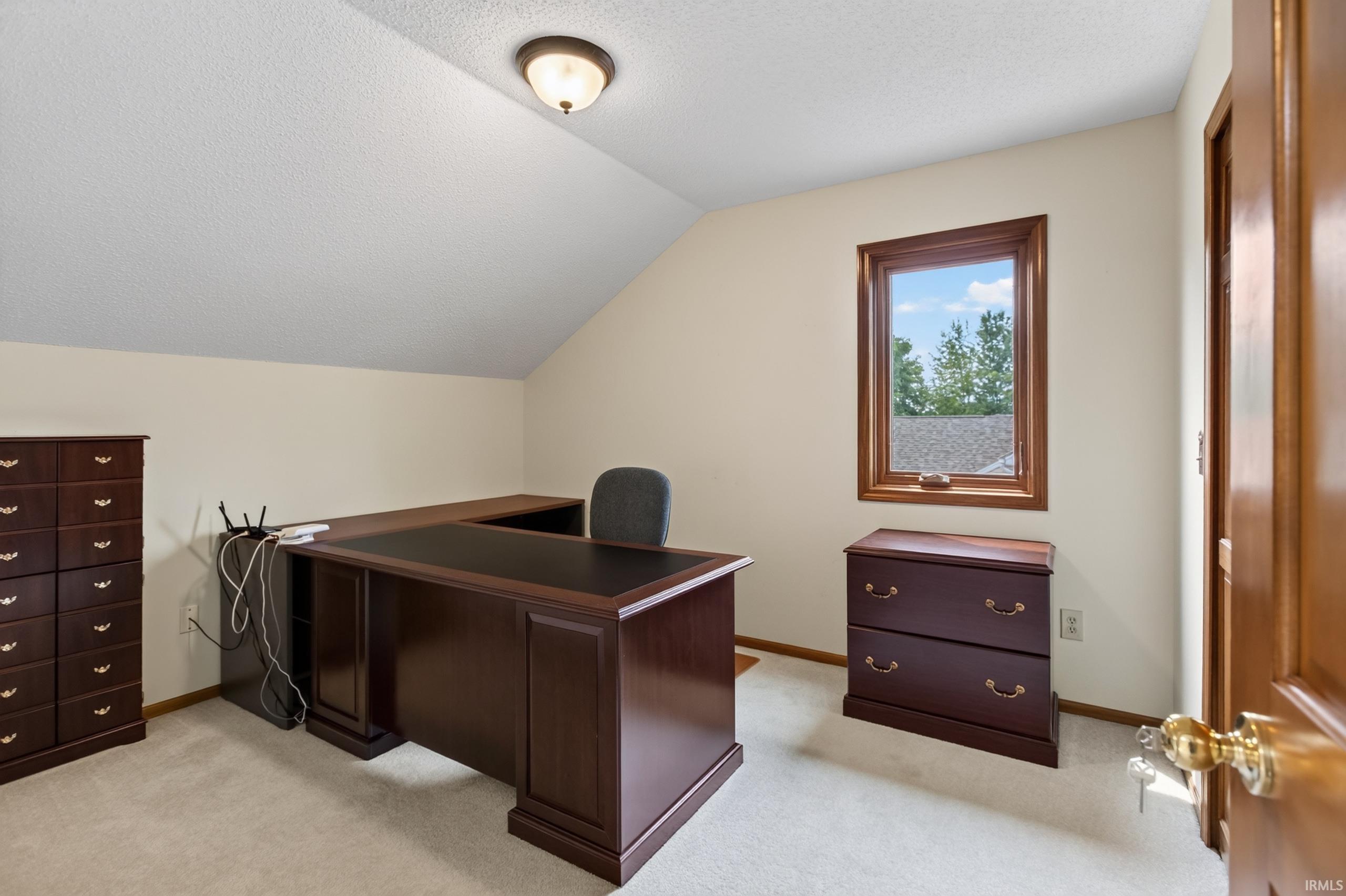 Room featuring neutral wall tones, sloped ceiling, and a single window with wood-finish trim
