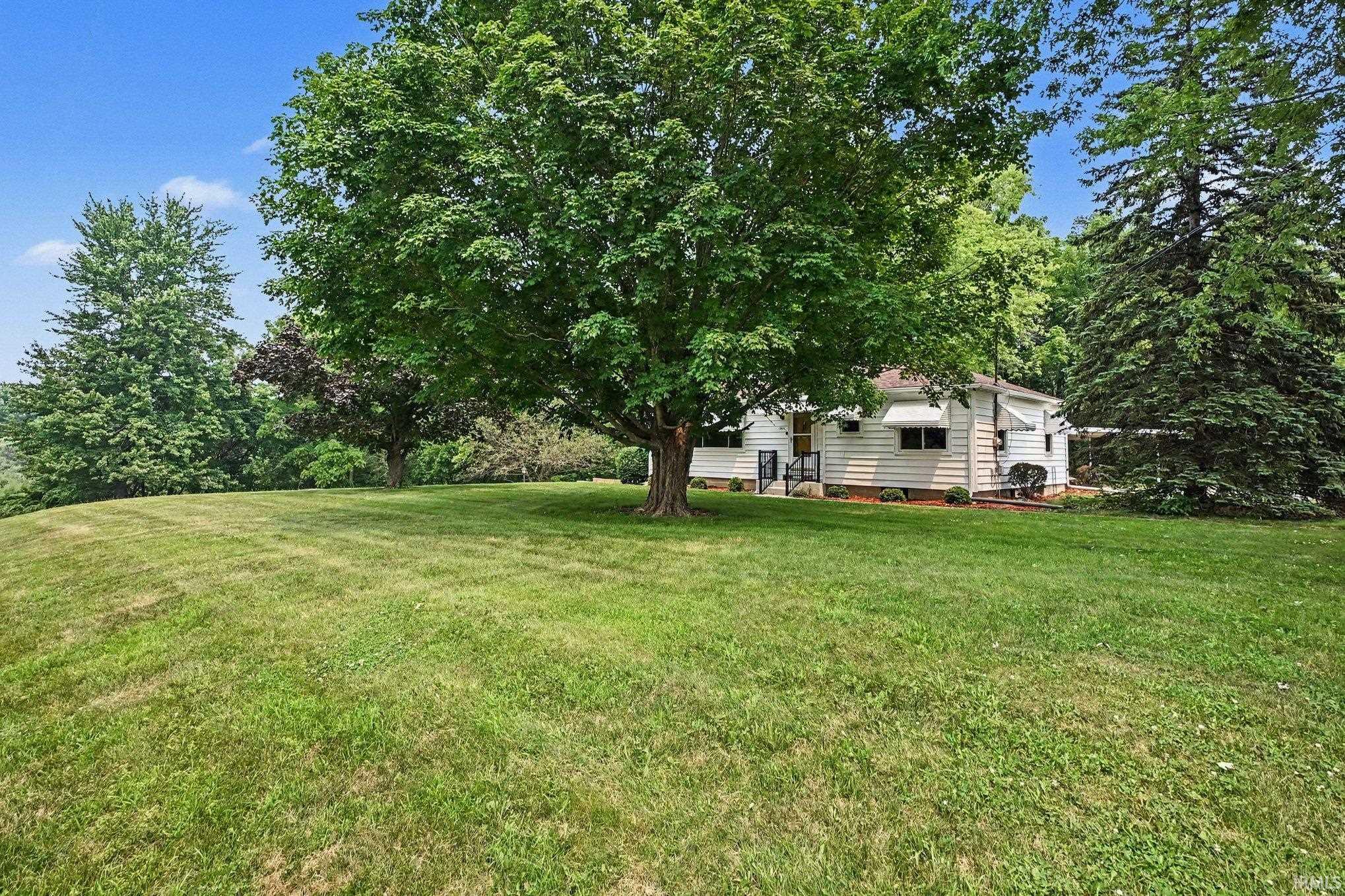 Expansive green lawn with mature trees providing natural shading