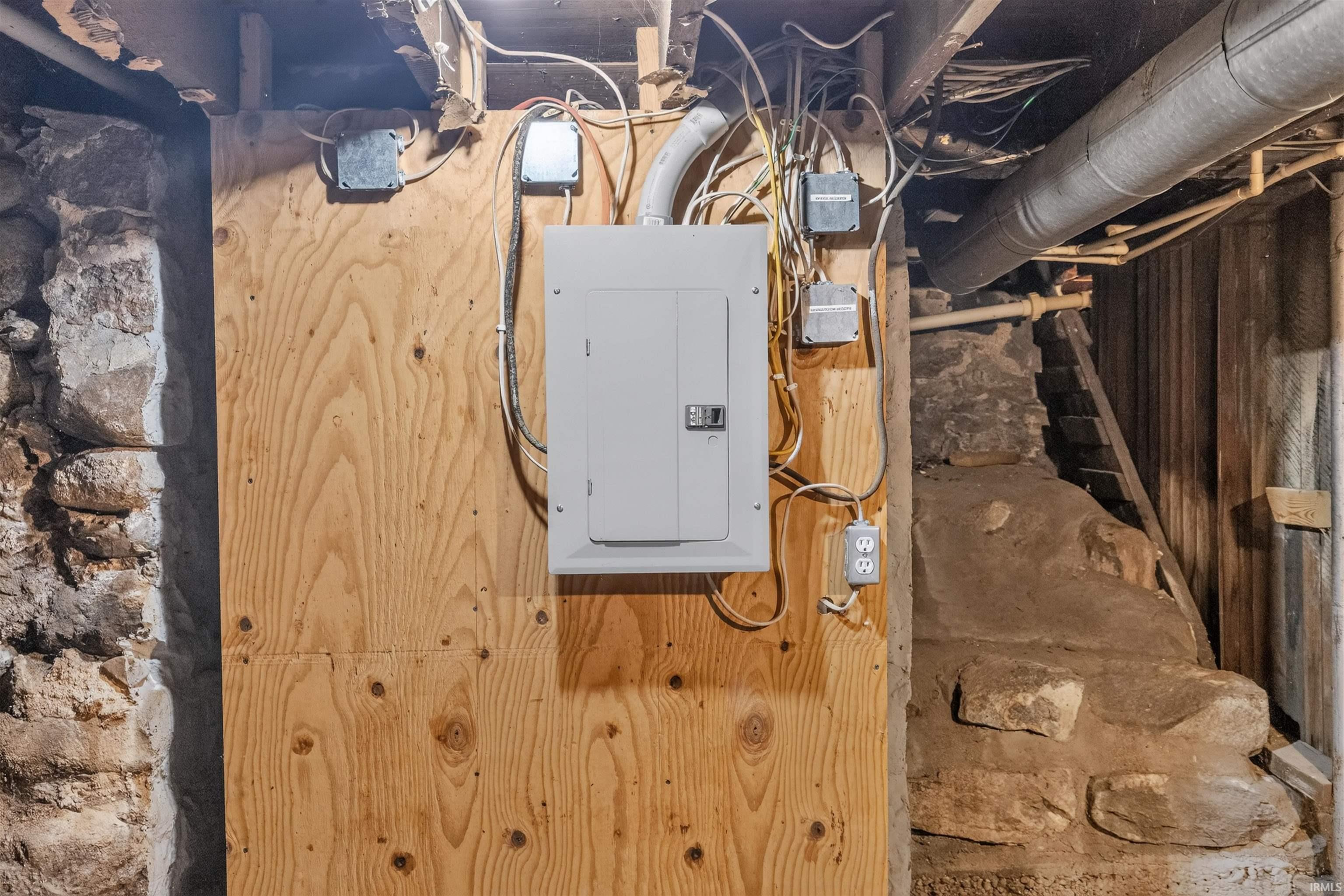 Electrical panel mounted on plywood backing