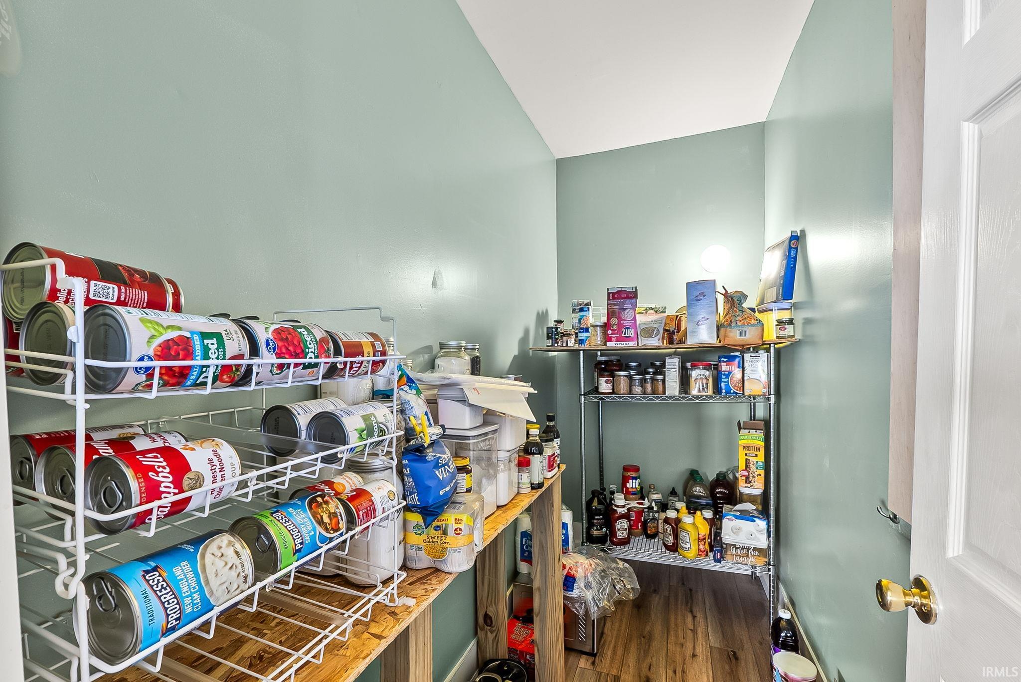 Dedicated pantry space featuring light green walls, wood-finish flooring, and ample storage with wire shelving units