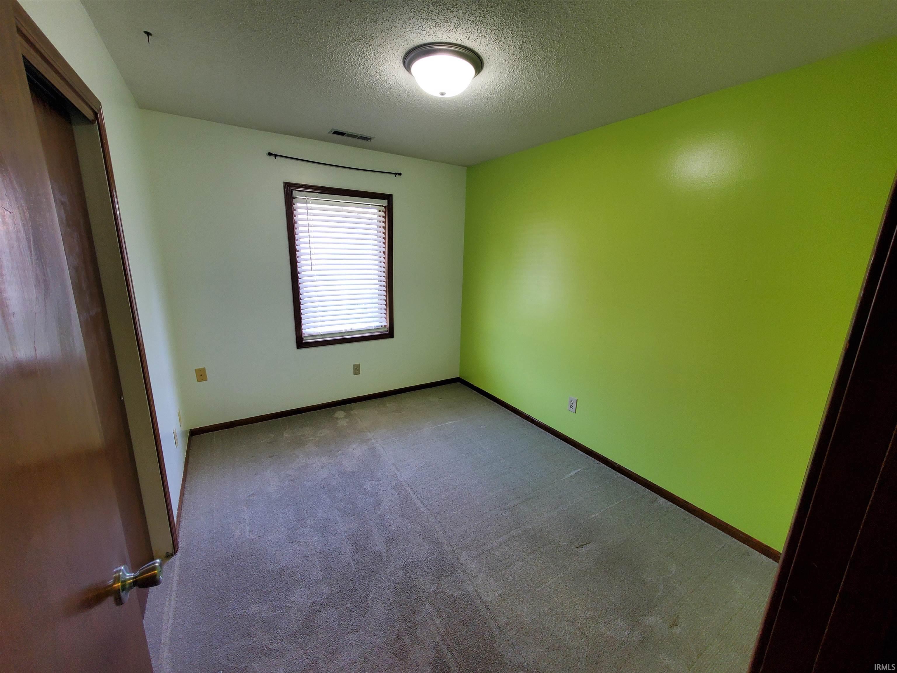 Carpeted room featuring a single window with blinds, a ceiling-mounted light fixture, and a vibrant accent wall