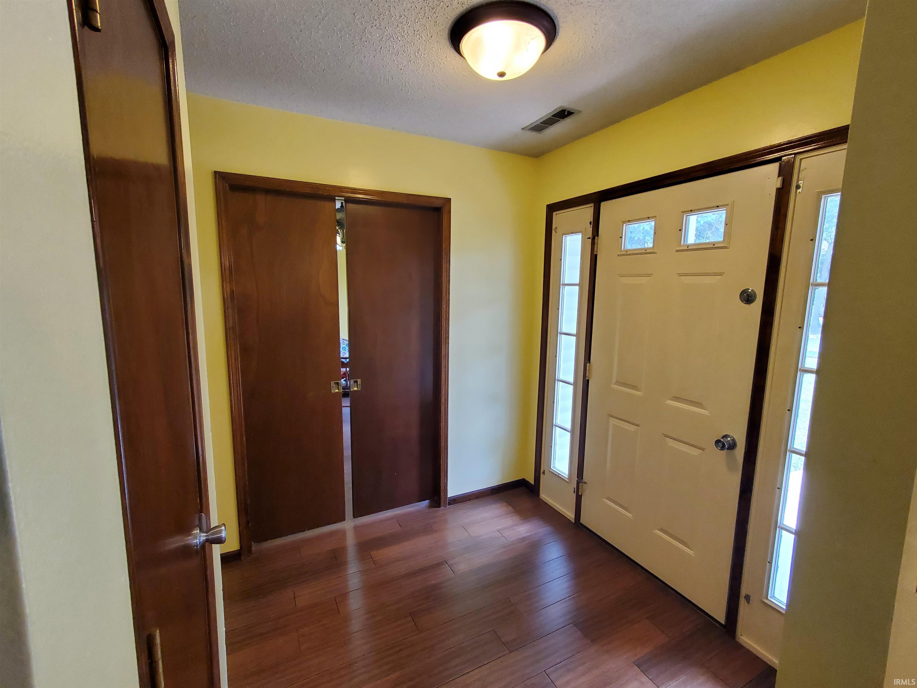 Entryway featuring wood-finish flooring, a light-toned main entry door with sidelights and decorative glass inserts, and a flush mount ceiling light fixture