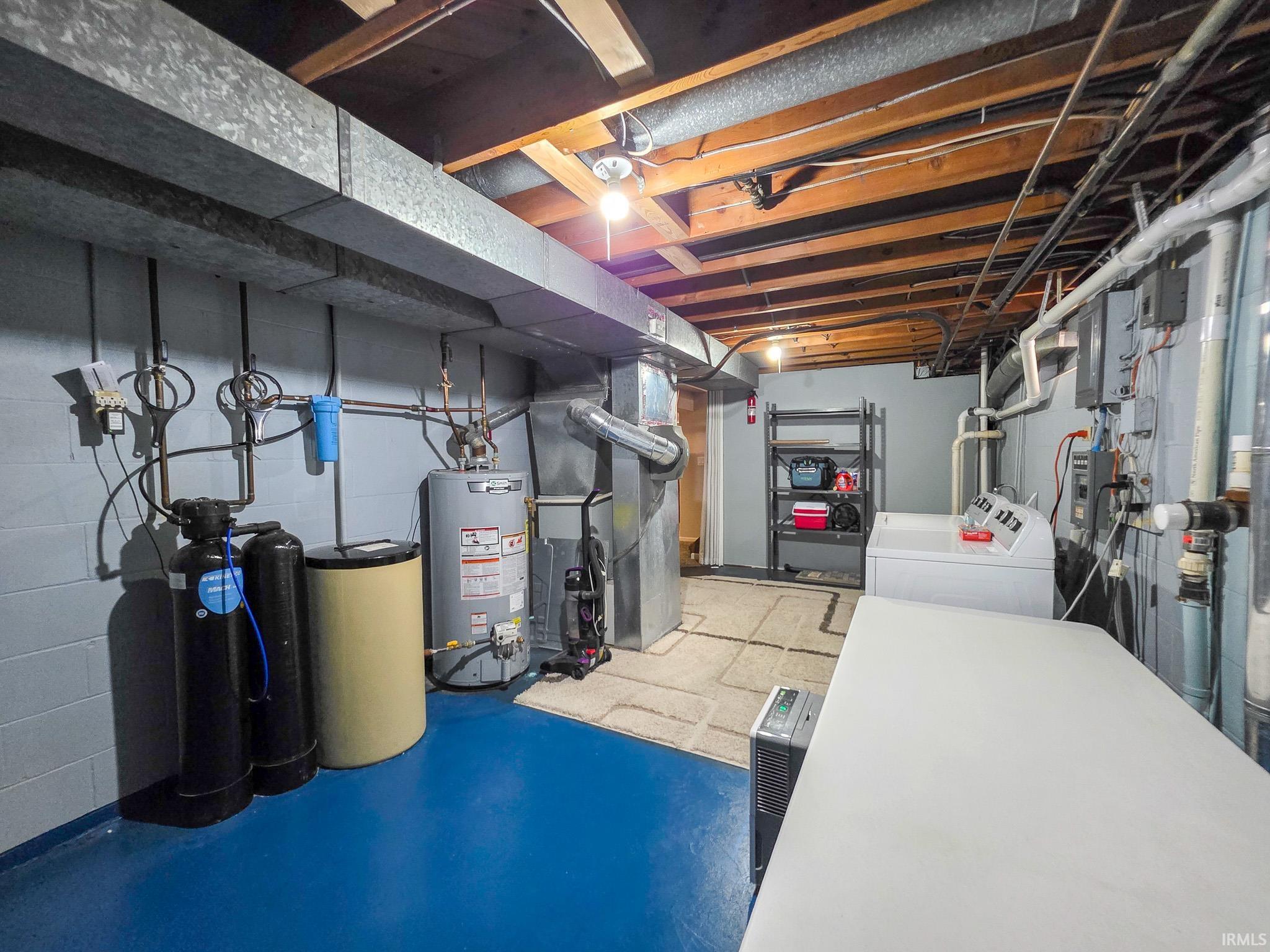 Utility area featuring a water heater, water softener and water filter system