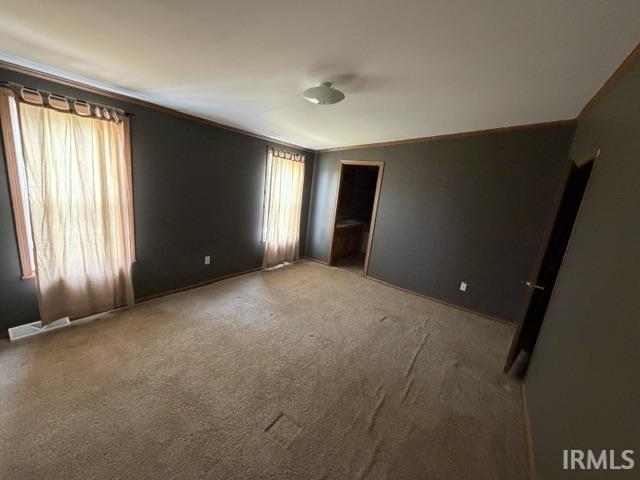 Spacious room featuring neutral carpeting, dark wall paint, and light-colored trim