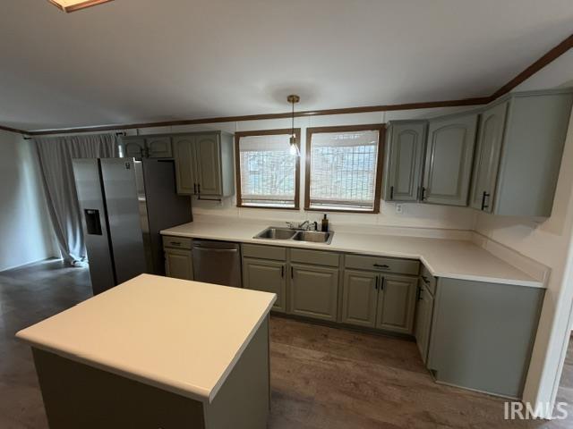 Kitchen featuring wood-finish flooring, light-toned countertops, sage cabinetry with dark hardware, and a stainless steel double-basin sink