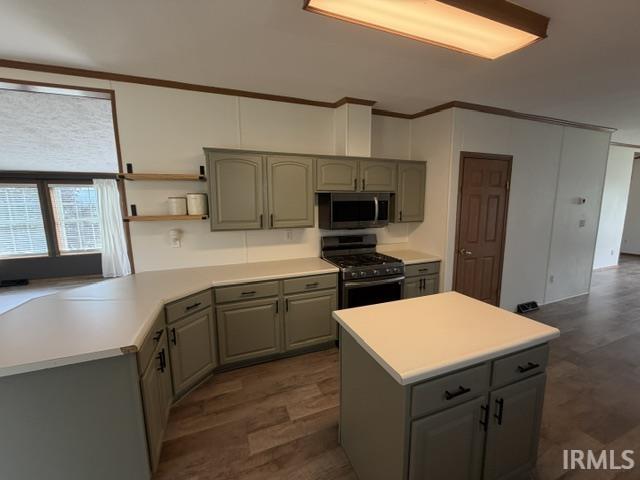Kitchen featuring light green cabinetry with dark hardware, a freestanding range with an overhead microwave, a central island with a solid surface countertop, and wood-finish flooring