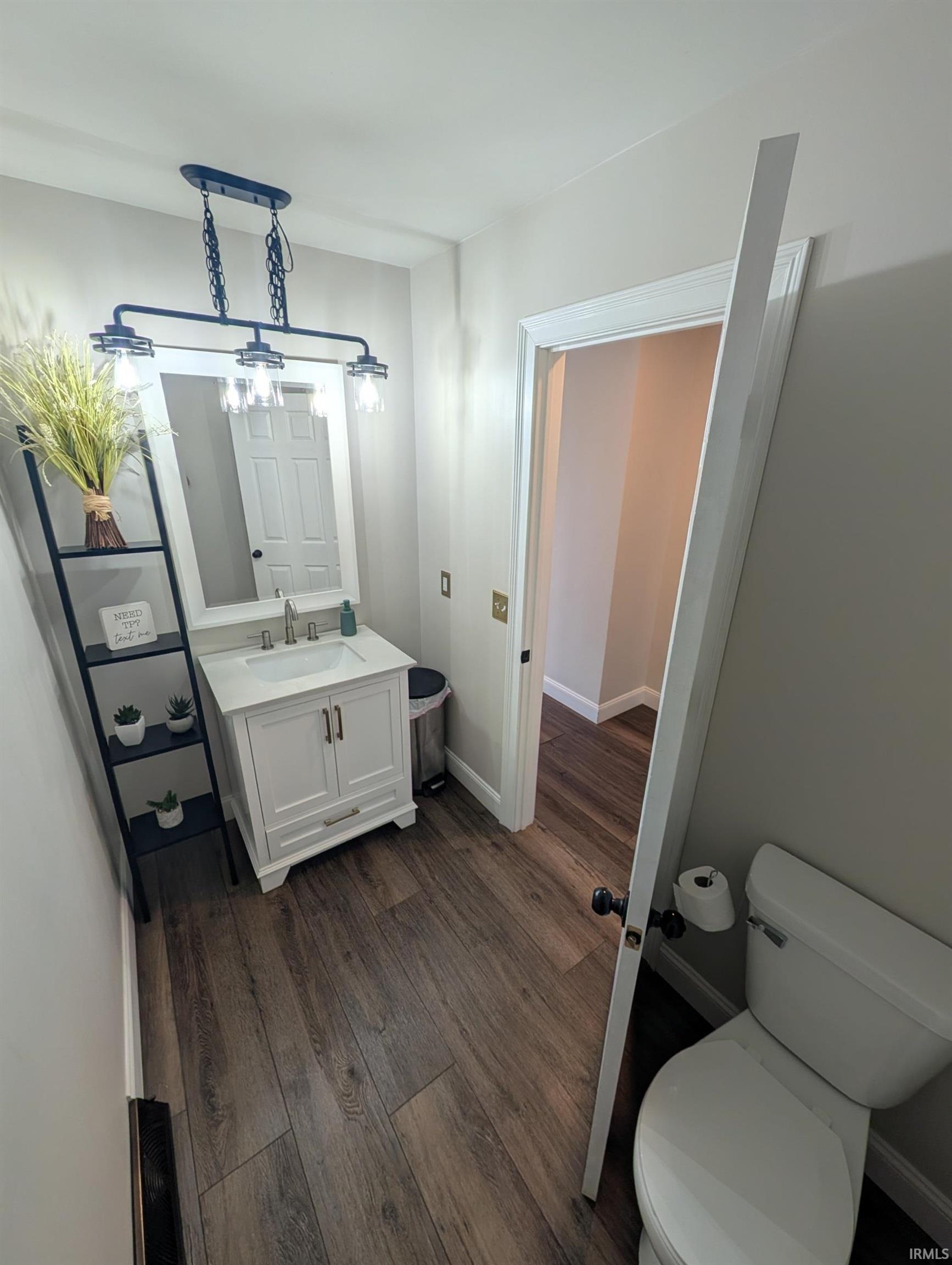 Bathroom featuring wood-finish flooring, a white single-vanity cabinet with a countertop and undermount sink, a framed mirror, and a contemporary four-light fixture with clear glass shades