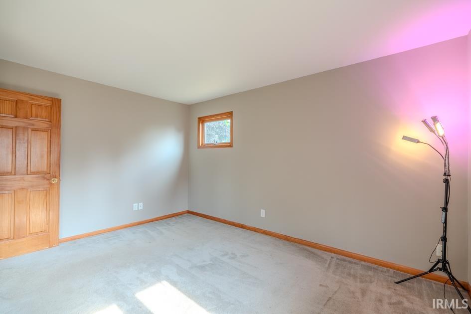 Carpeted room featuring a light wood-finish paneled door, a single window with wood-finish trim, and neutral wall paint