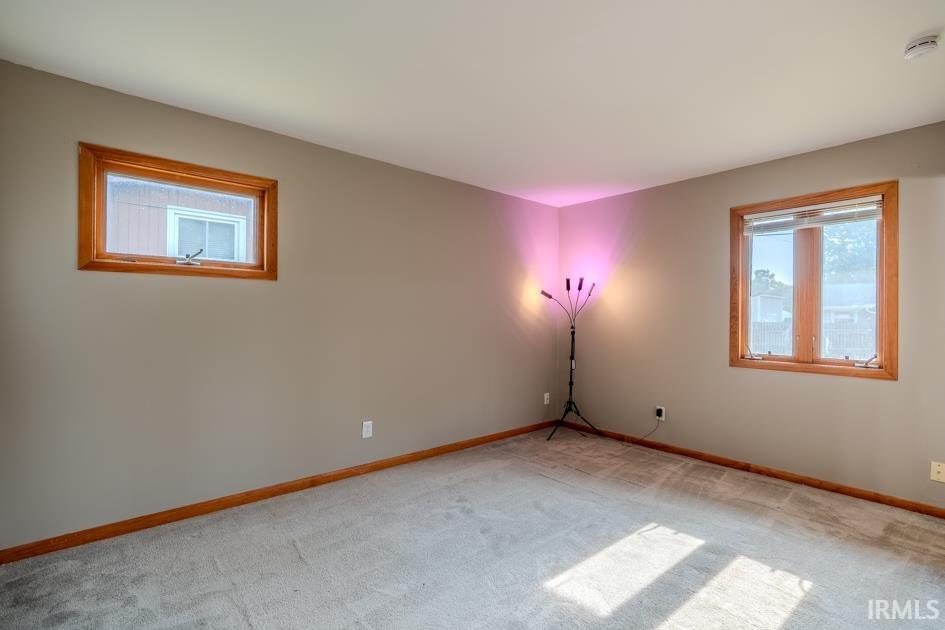 Carpeted room featuring two windows with wood trim, light gray painted walls, and white baseboards