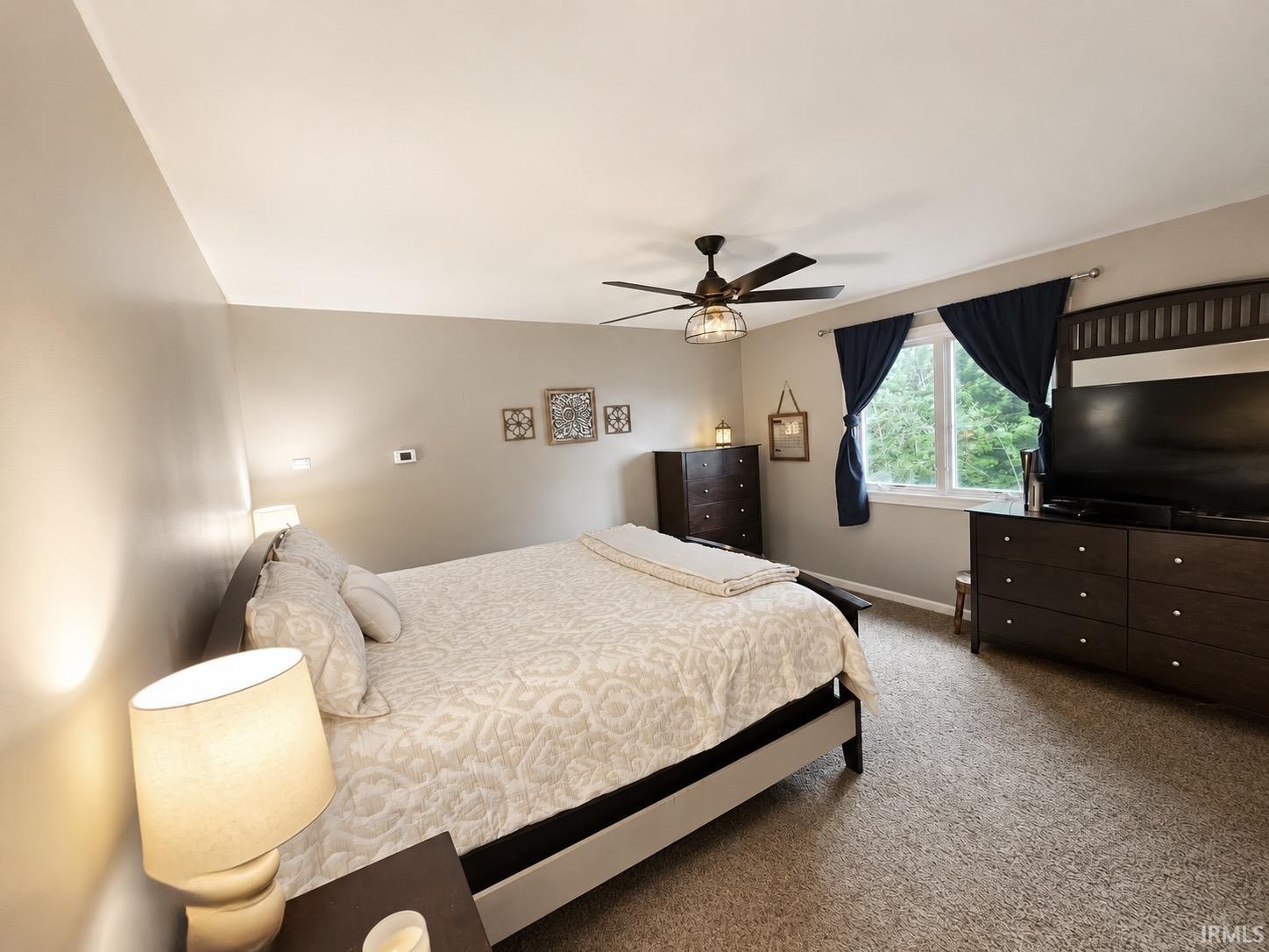 Carpeted room with a ceiling fan light fixture, double window, and neutral wall color
