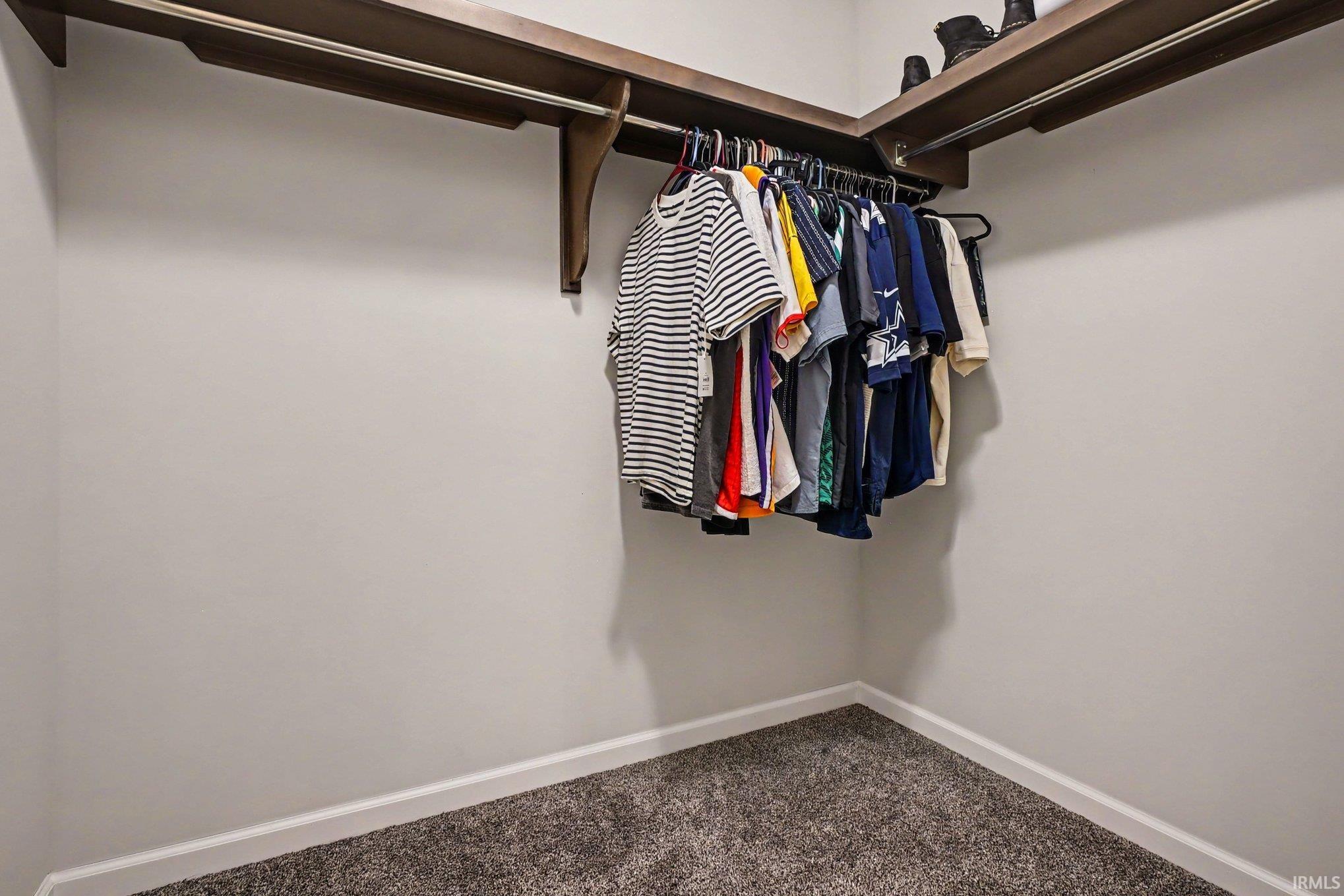 Walk-in closet featuring a dark wood-finish shelving system with integrated hanging rods, light gray wall paint, white baseboards, and gray carpeting