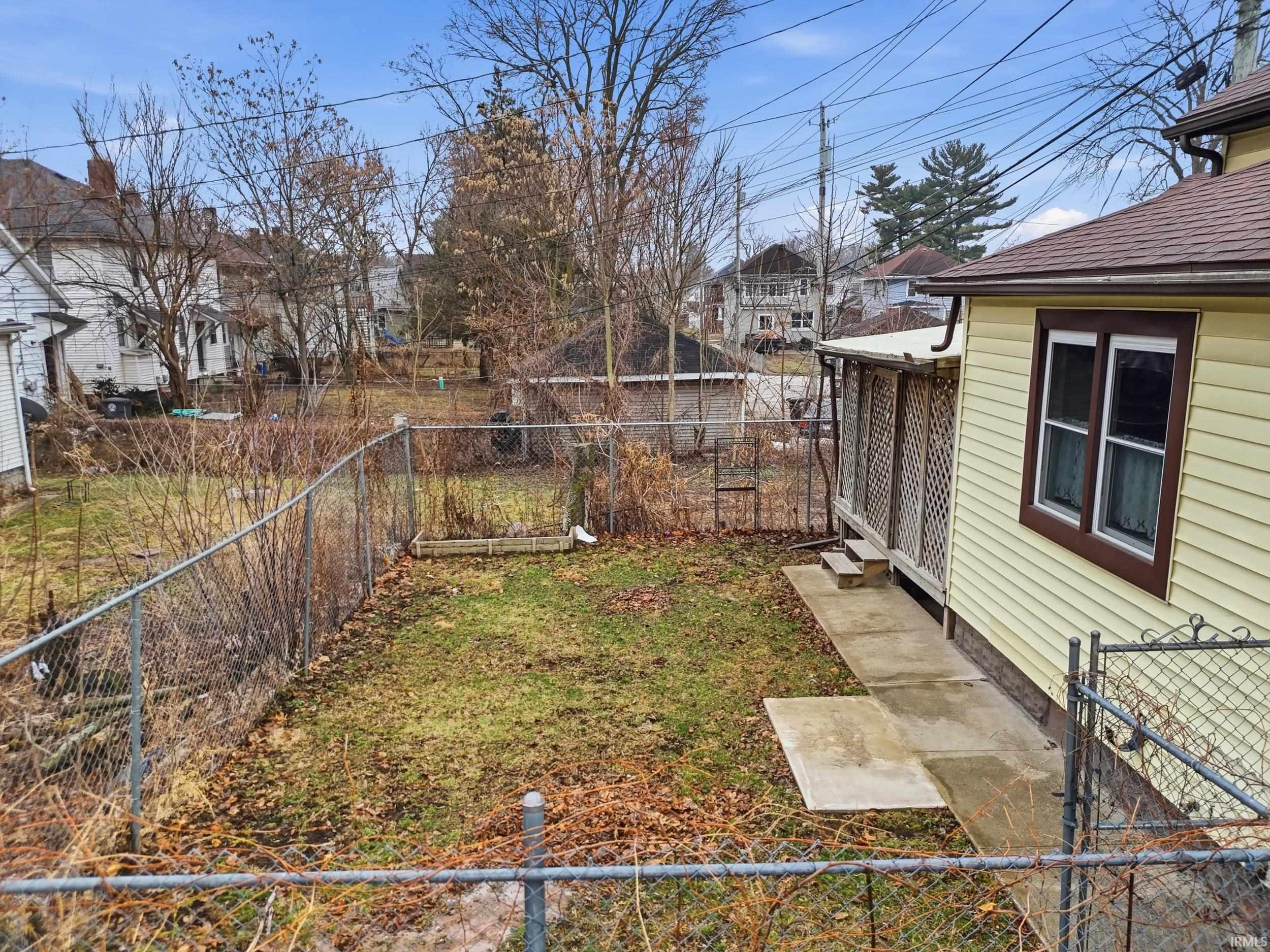 Fenced backyard featuring a residential view