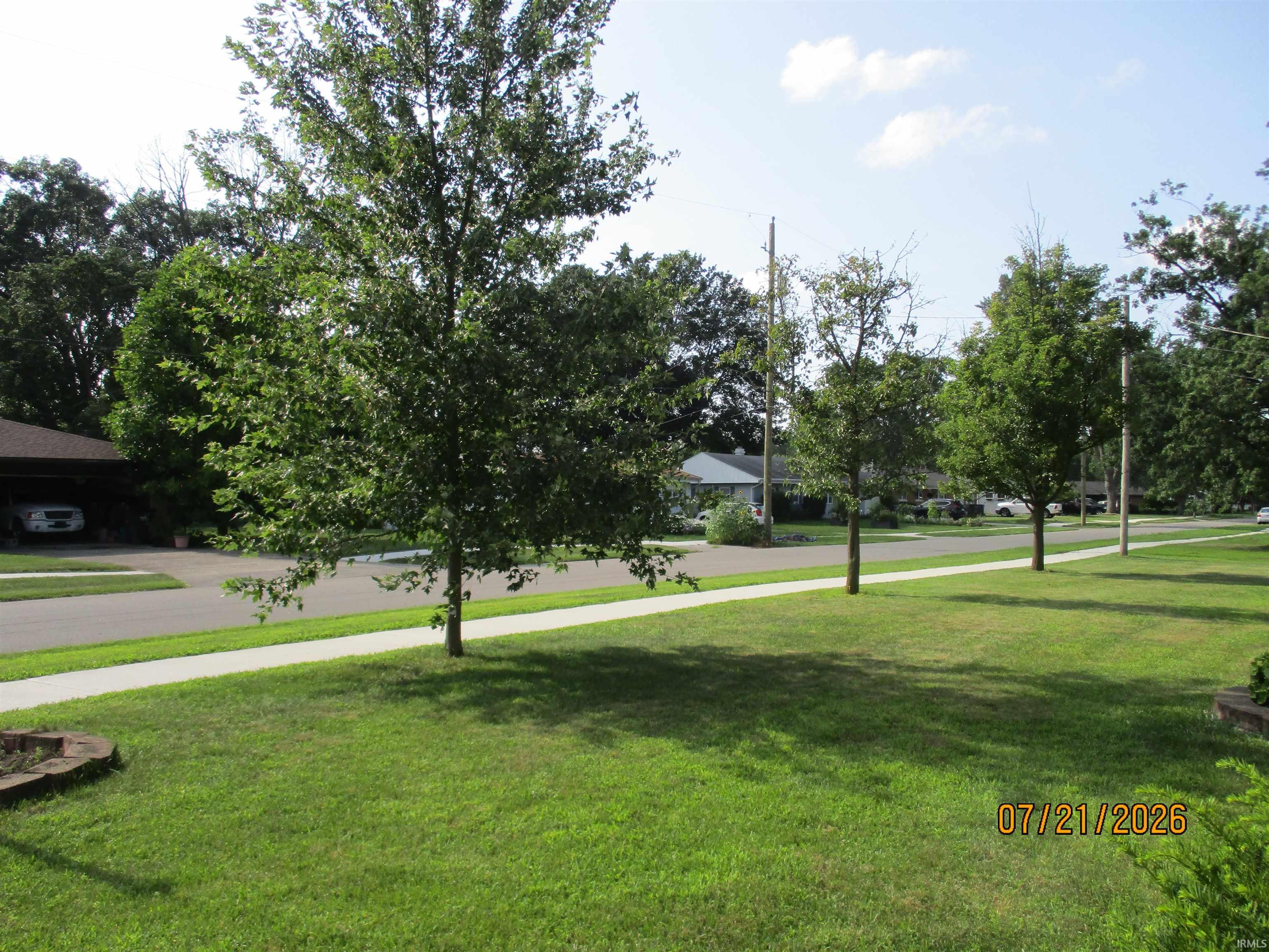 Expansive front lawn featuring mature trees and a concrete sidewalk