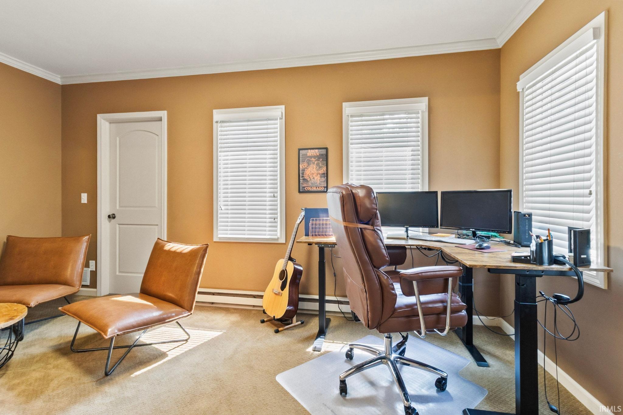 Carpeted room featuring a white interior door, two windows with blinds, crown molding, and baseboard trim