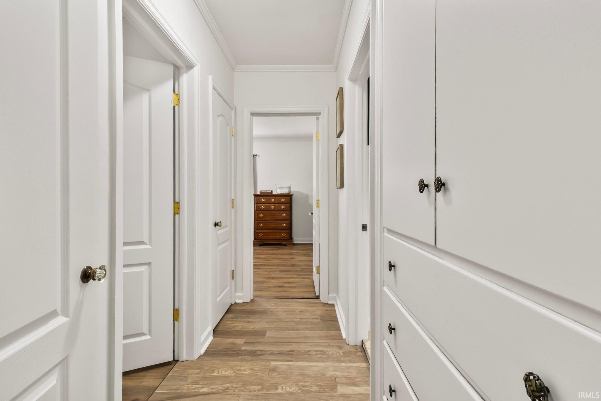 Hallway with wood-finish flooring, white paneled doors, and built-in cabinetry featuring ornate hardware