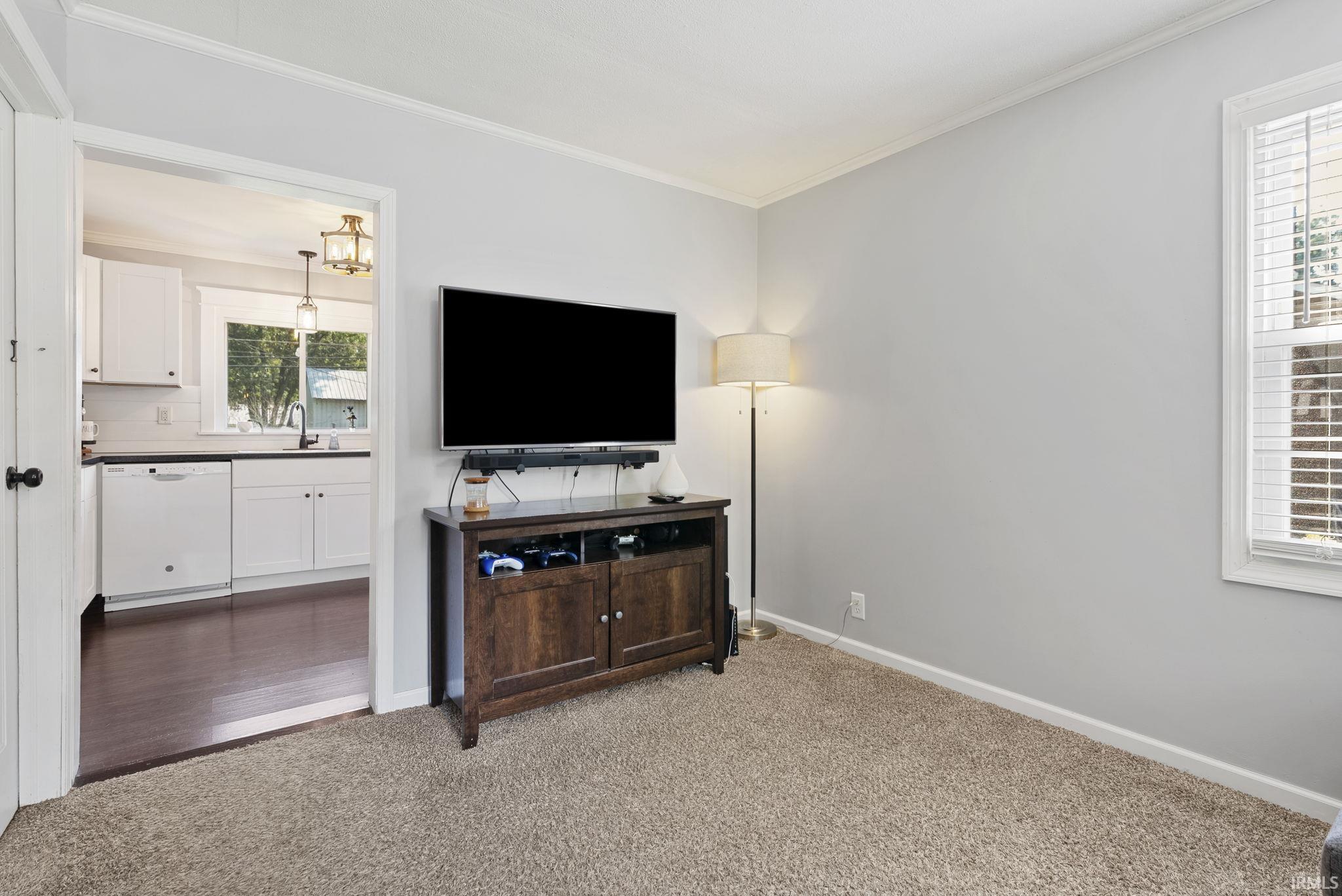 Carpeted room with light gray walls, white trim, and a window featuring horizontal blinds