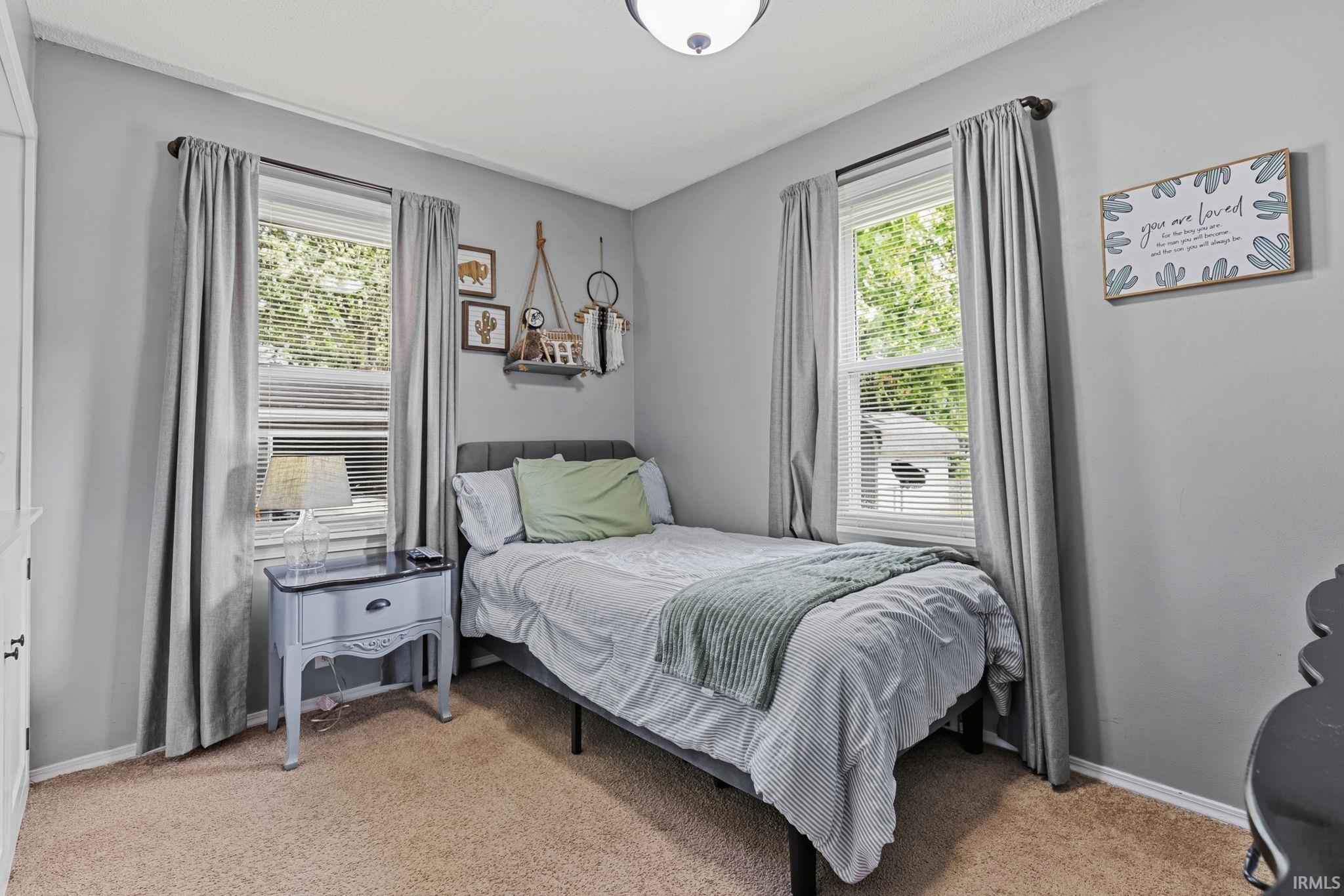 Room with neutral gray walls and light brown carpeting