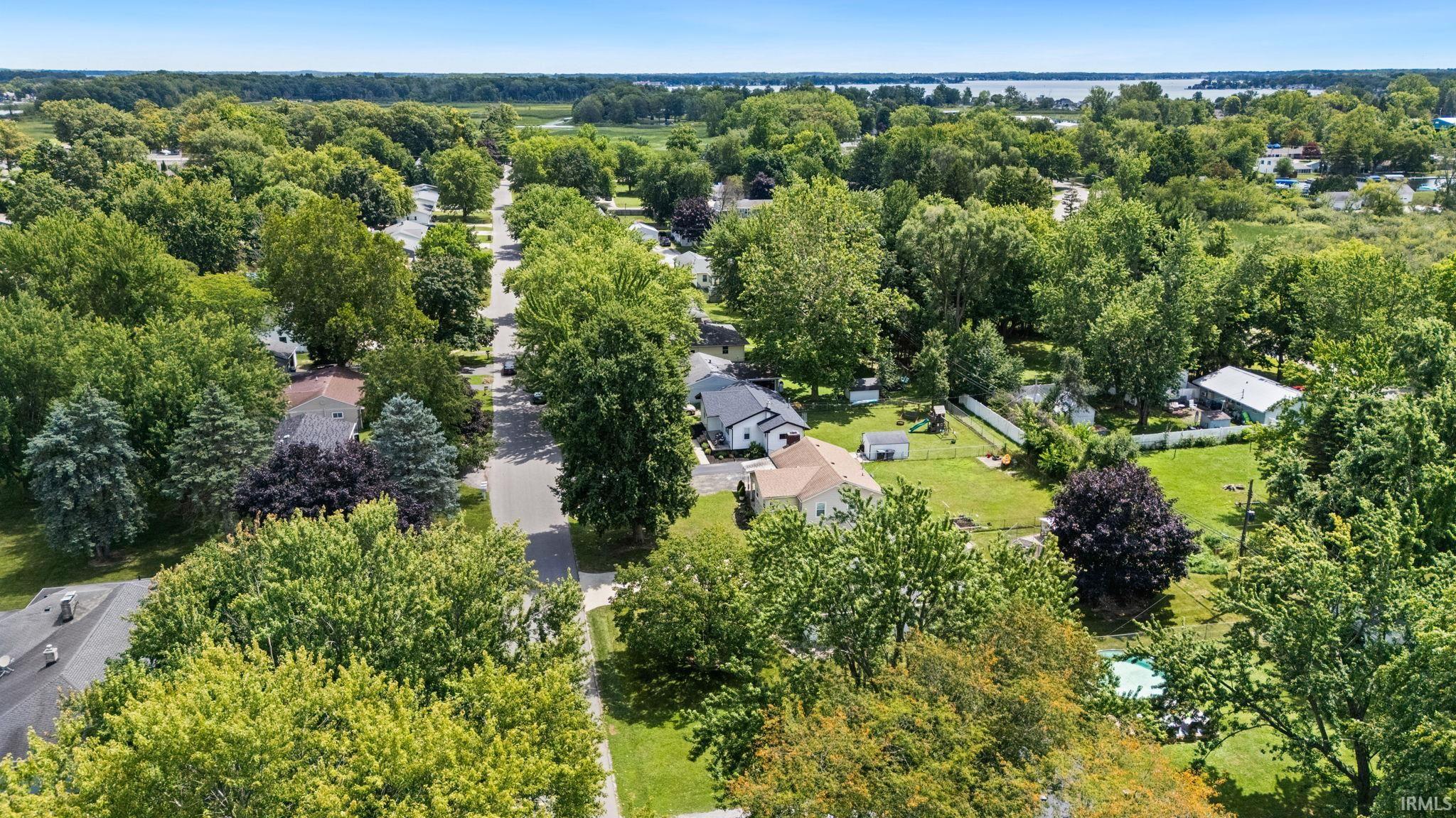 Aerial perspective of a tree-lined residential street with scattered homes, verdant landscapes, and a distant body of water