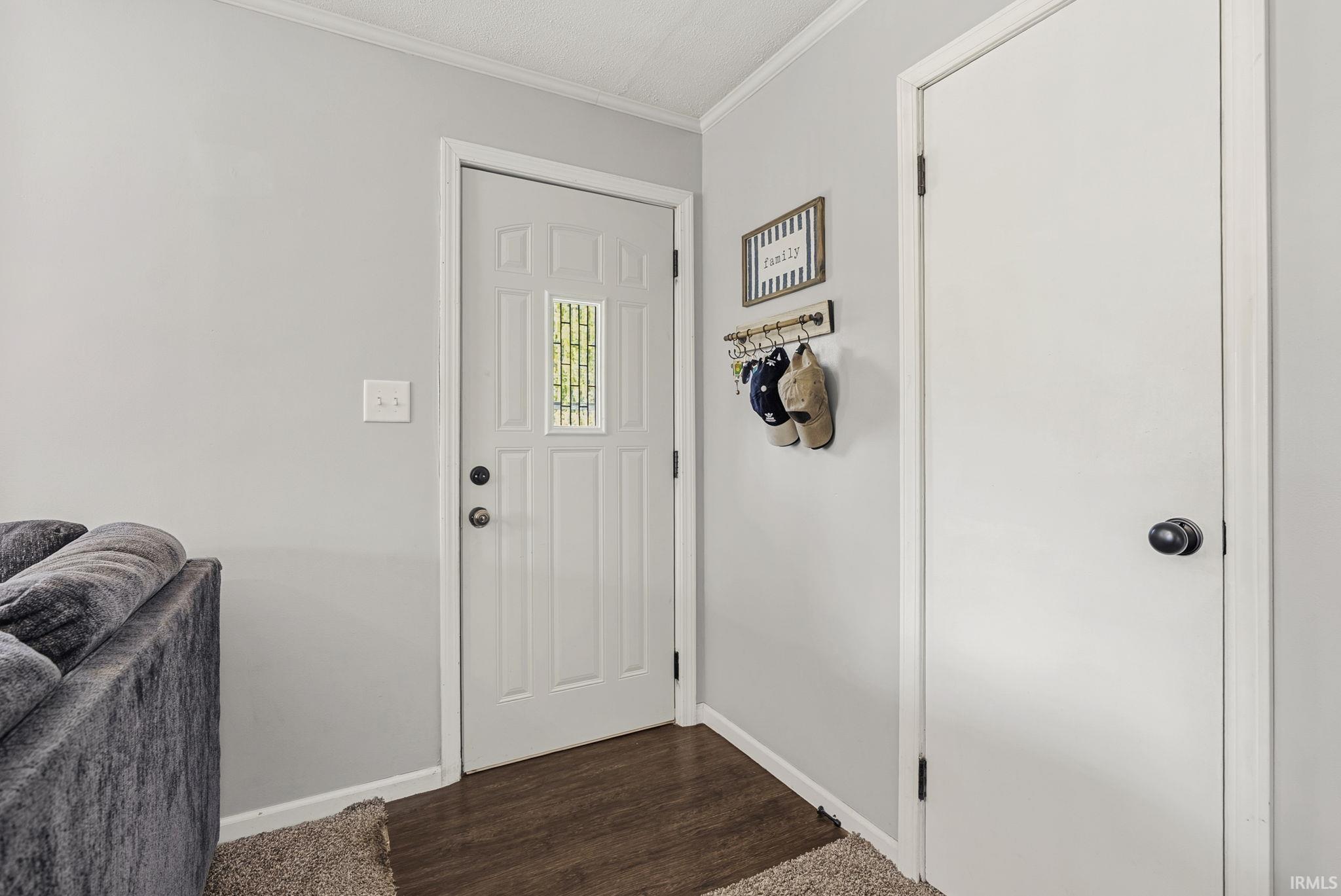 White entry door with decorative glass insert, dark wood-finish flooring, and neutral wall paint