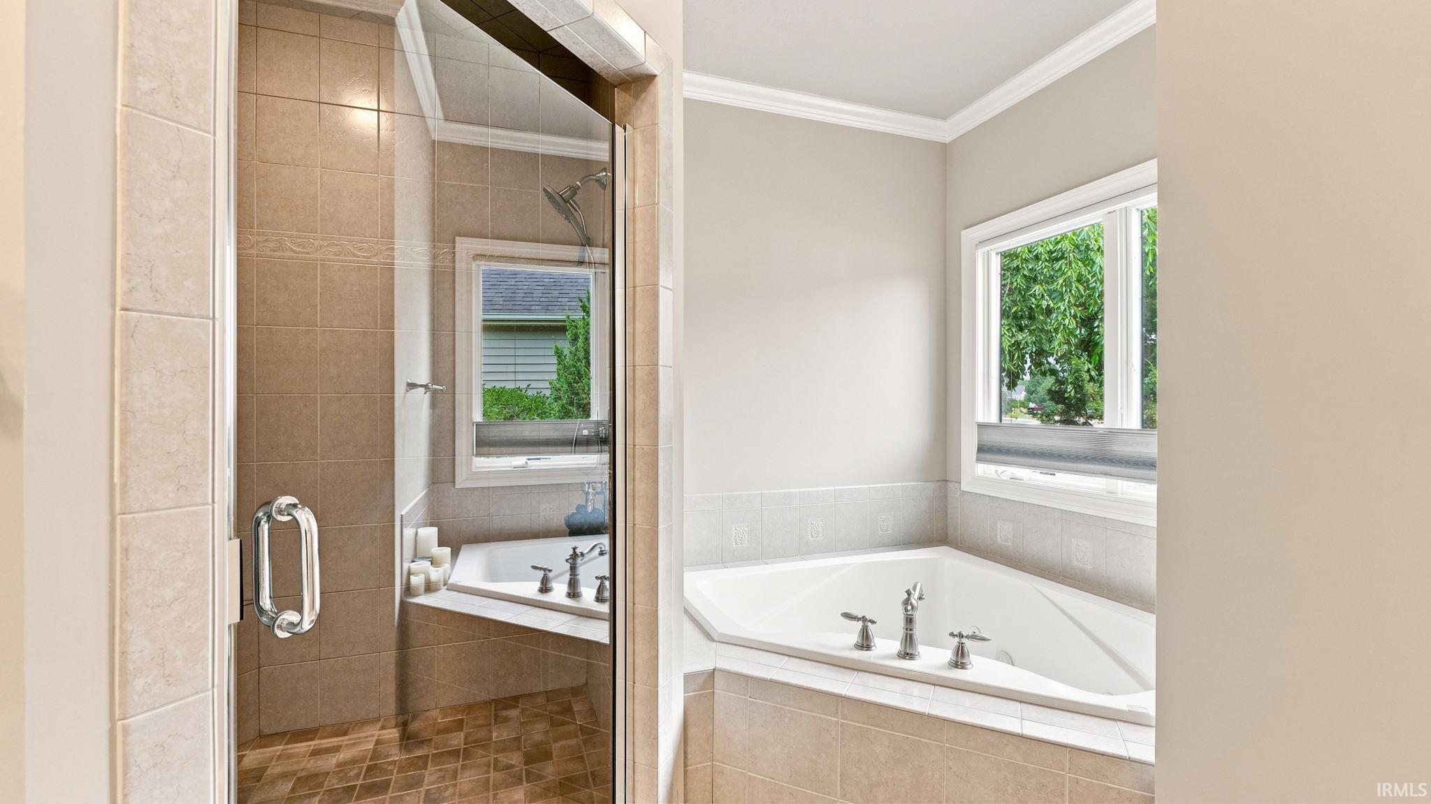 Tiled shower enclosure with a clear glass door and brushed nickel shower fixture
