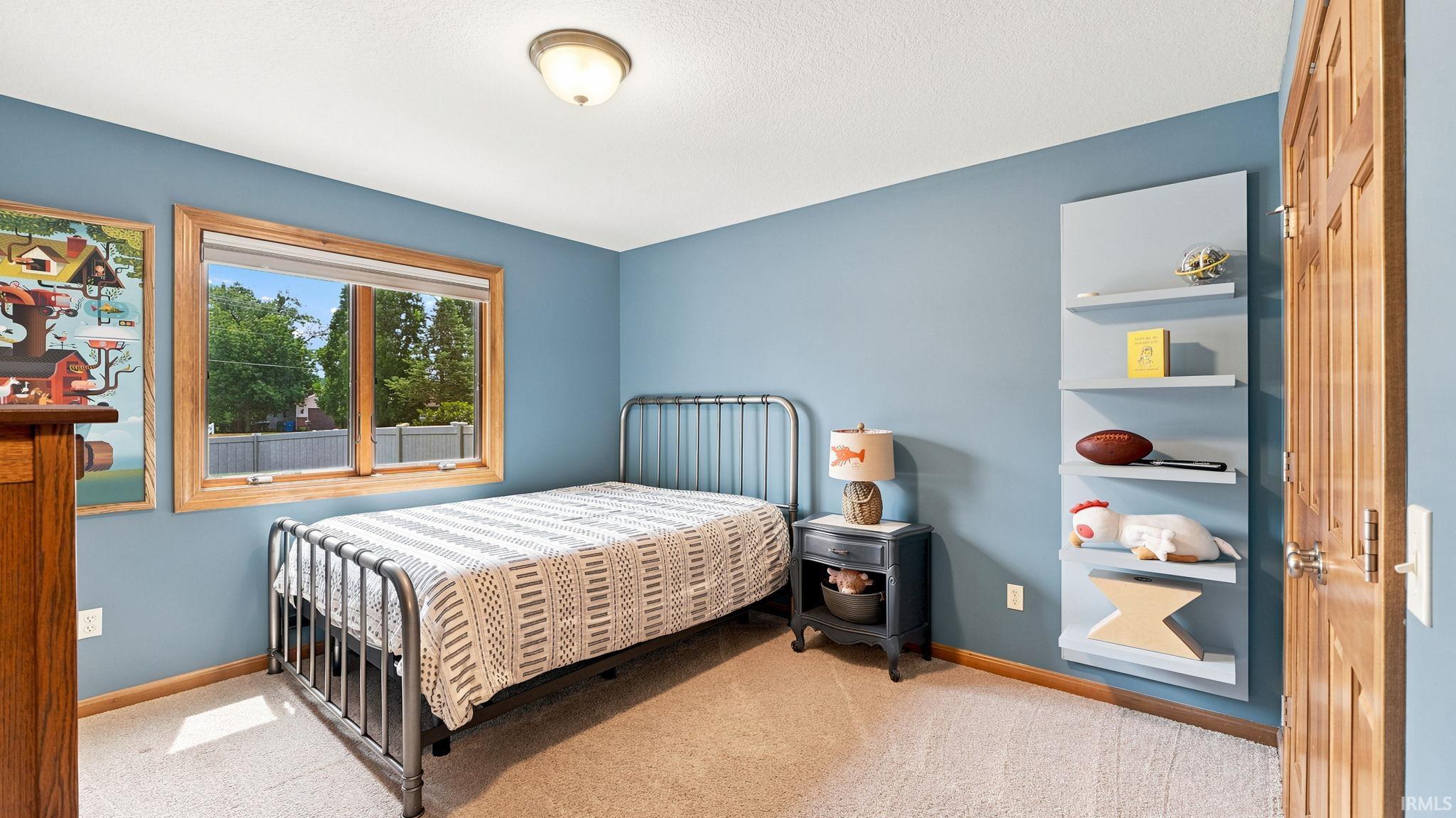 Carpeted interior space featuring light blue walls and a wood-trimmed window