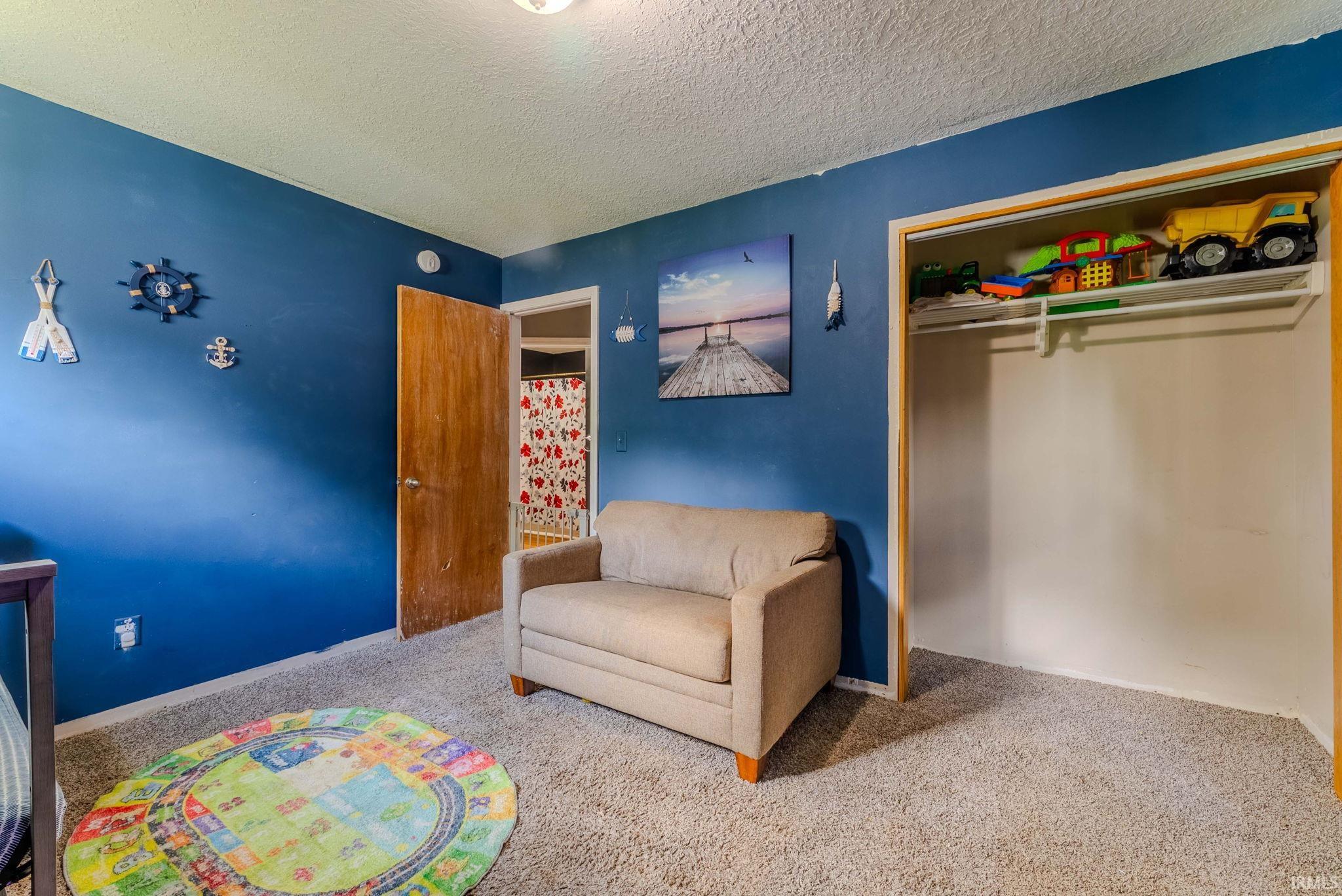 Carpeted room with a built-in closet featuring shelving and a hanging rod, a wood-finish door, and blue painted walls