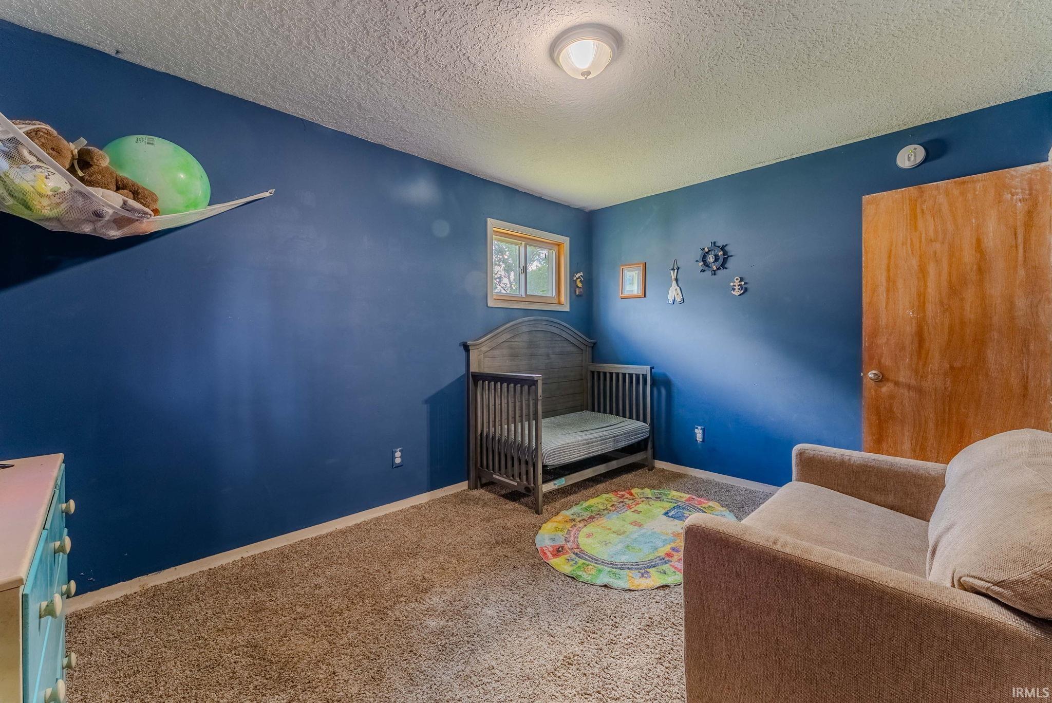 Room with rich blue walls and textured carpet flooring