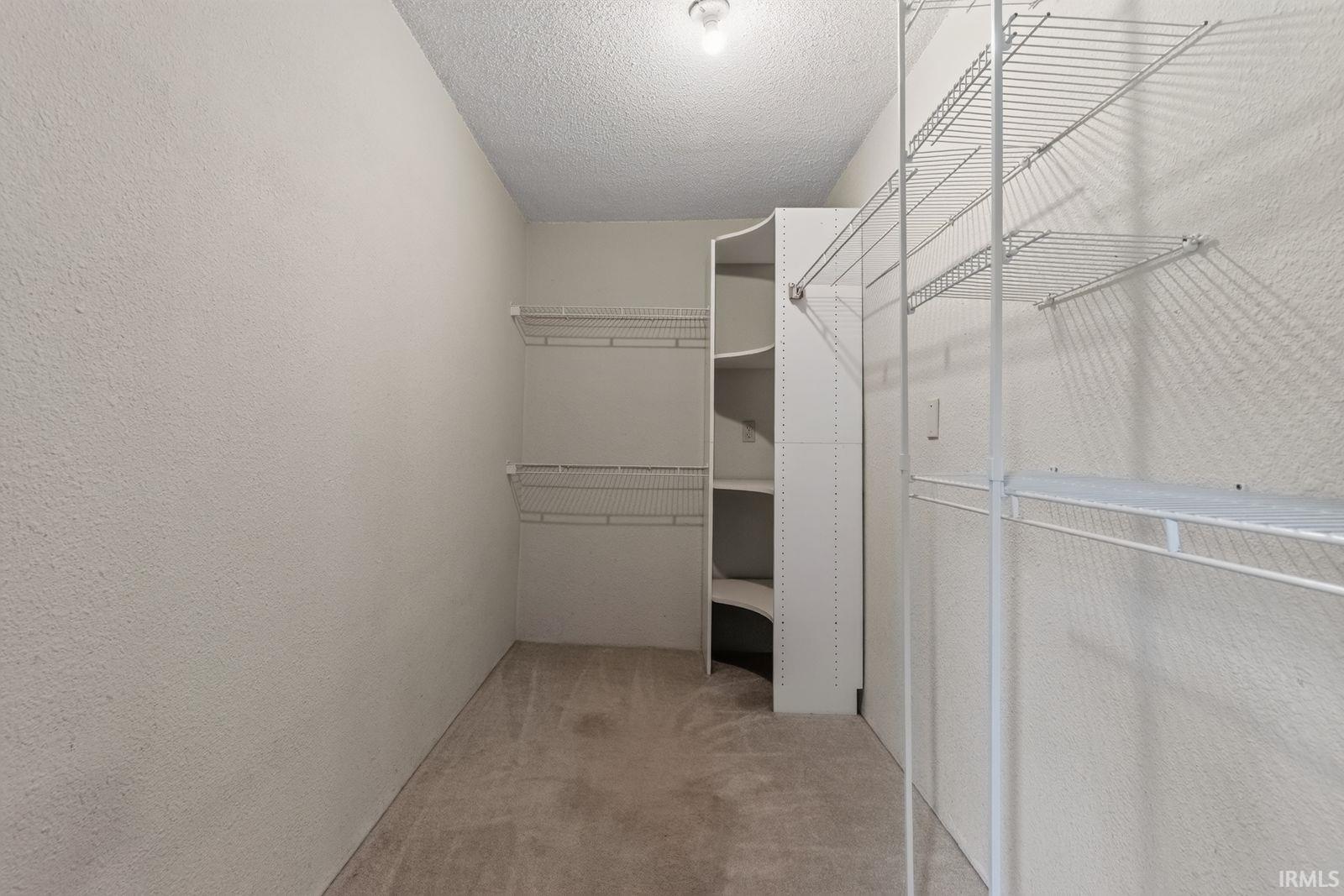 Walk-in closet featuring carpet flooring, white wire shelving, built-in corner shelving, and a ceiling-mounted light fixture