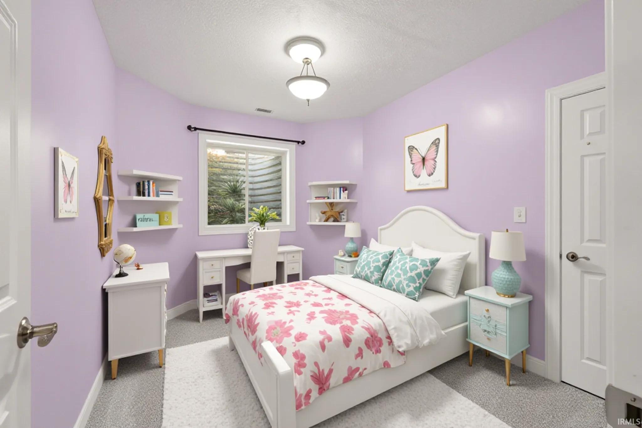 Wall-to-wall carpeting and lavender walls
