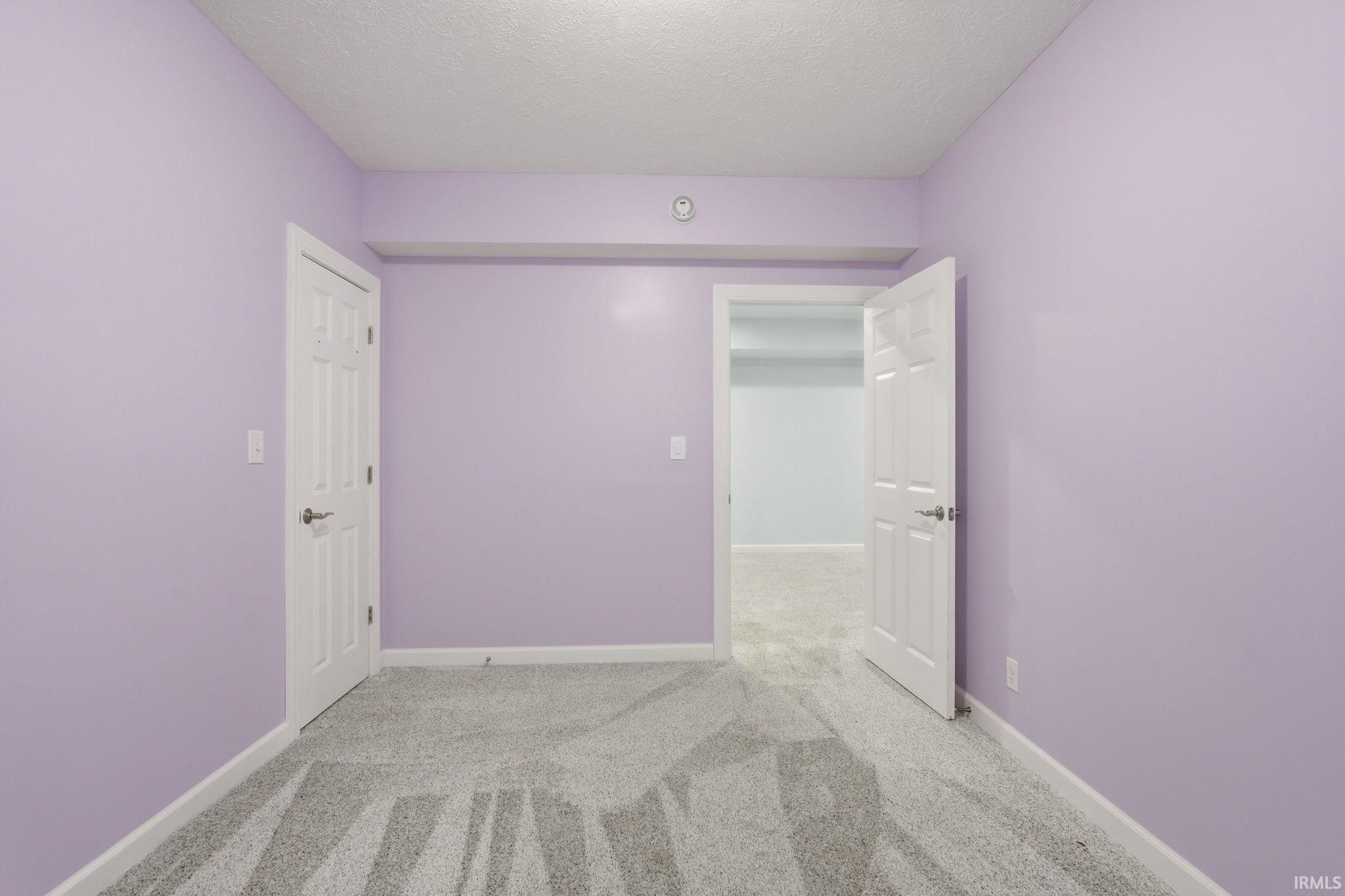 Room featuring soft lavender walls, light gray carpeting, crisp white baseboards, and two solid panel doors with chrome hardware
