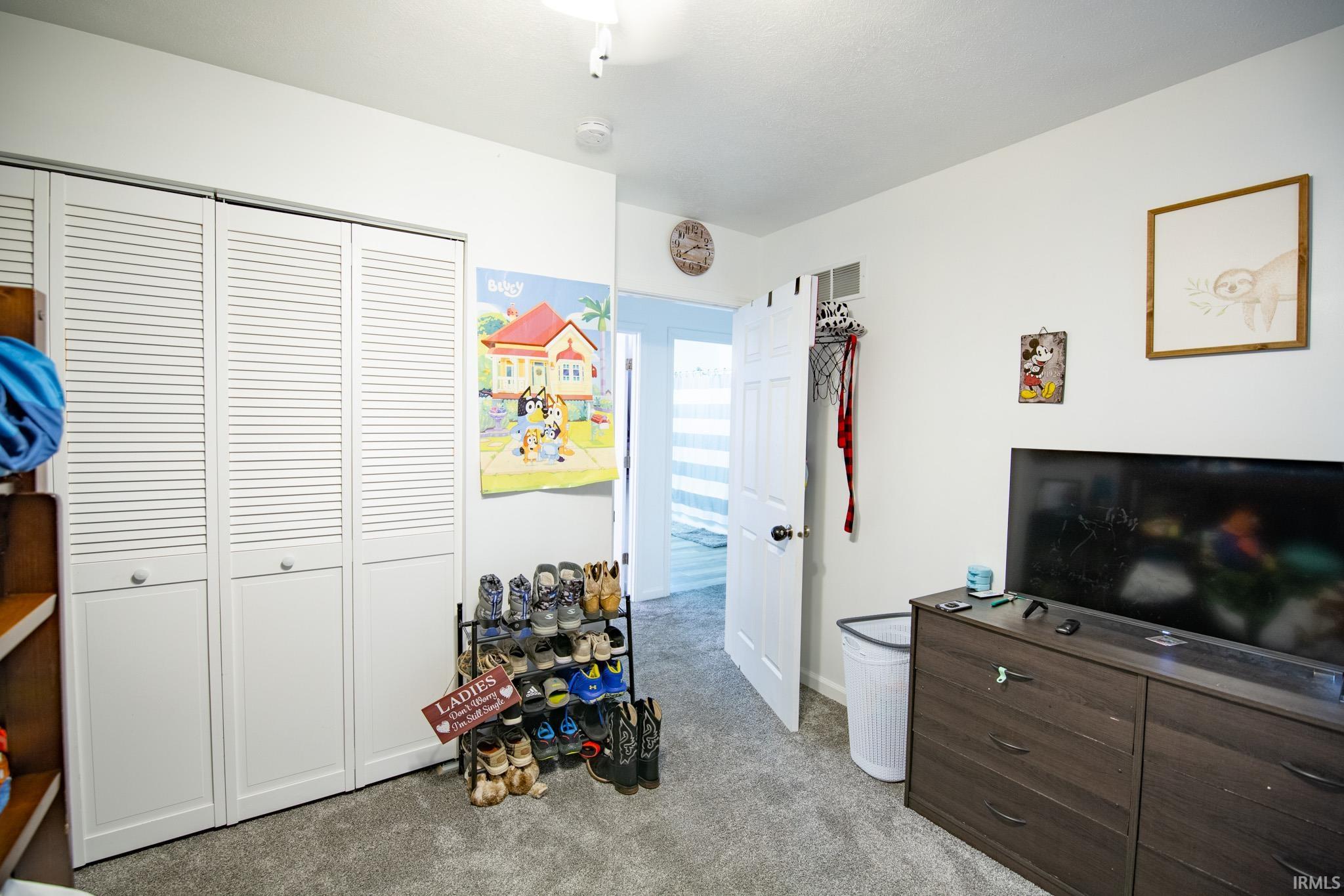 White louvered bi-fold closet doors, light gray carpet flooring, and a white interior door with black hardware