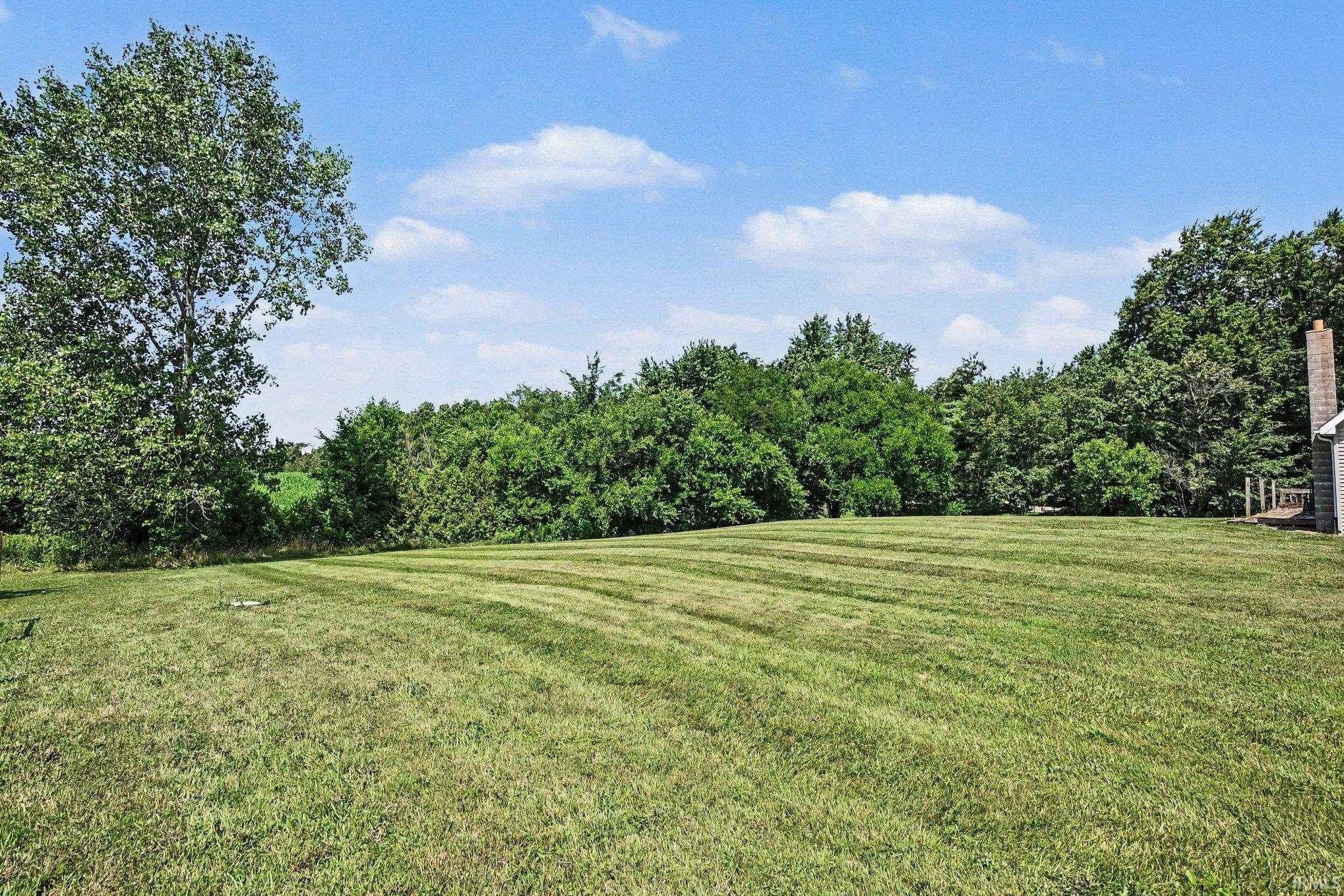 Expansive lawn with striped mowing pattern, bordered by mature trees and natural foliage